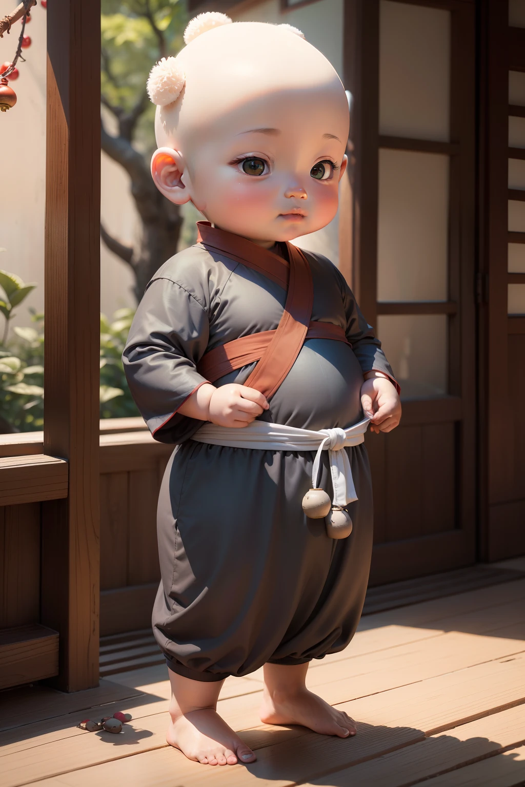 A chubby little monk stands in a Buddhist temple in a gray monk costume of about , The head without hair is round and shiny,monk clothes, The small face is white and tender,The meat was lovely,On his wrist hangs a large string of Bodhi bracelets,Small bells hang on their feet,Green trees and red flowers,He Ye Tiantian