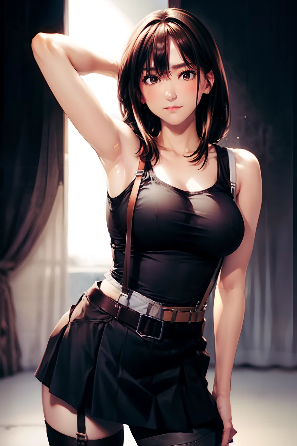 a belt large boob suspenders garterbelts Black stockings Black tank top a miniskirt Brown hair Gray eyes Futomo hason