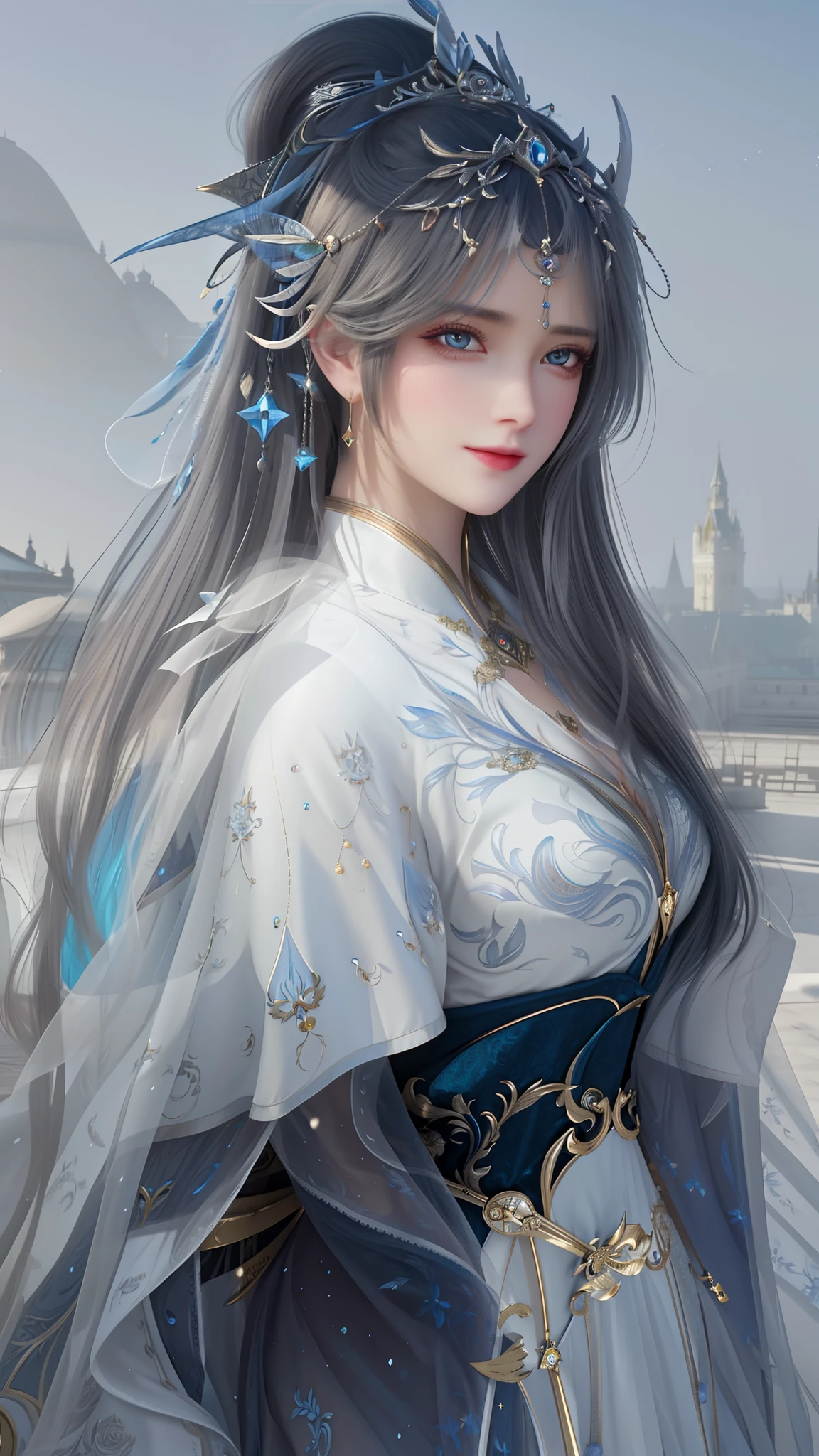 (Masterpiece, Best quality, 8K, best wallpaper), 1girll, Mature female, Charming woman, fantasy goddess, Cross ed leg, detailed shining eyes, Beautiful face, stunning long dress, detailed and glorious pattern, Cinematic lighting, vivd colour, Long flowing hair, detailed building,