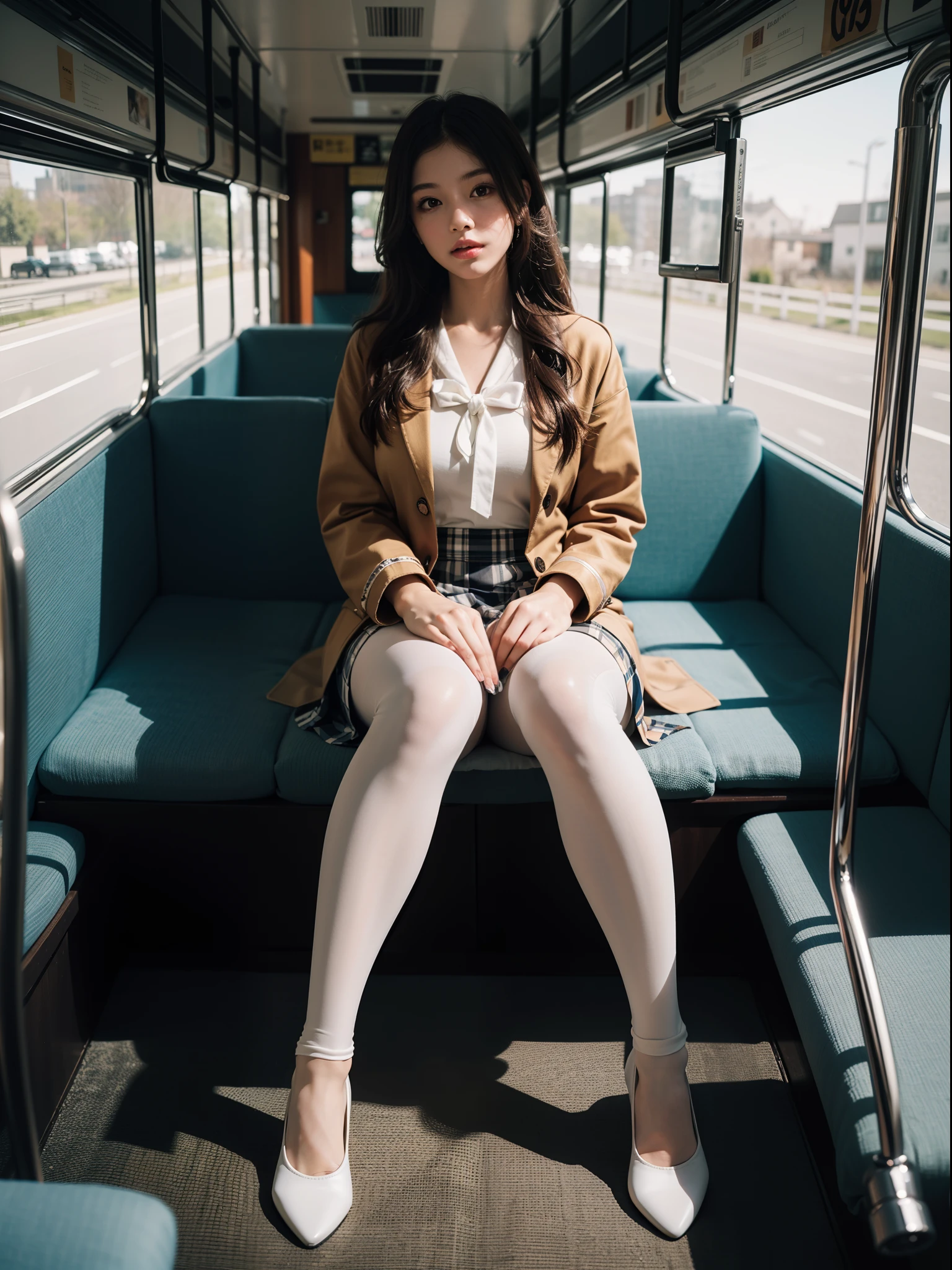 "(masterpiece, High resolution, Ultra High resolution, 4K) Black Hair,  Japanese girl, Uniform skirt, Accentuate your thighs, White thighs, Soft thighs, Glossy thighs, Sitting on a train, Facing angle, (Angle from below),sitting in a train seat,Sit in front,Zoom camera on crotch,Put your feet on the train floor,whole body,Looking down and sleepy,Watch only viewers", Highest quality, 超High resolution, (Realistic:1.4),, High resolution, detailed, RAW Photos, sharp, Nikon D850 film stock photo by Lee Jefferies 4 Kodak Portra 400 camera F1.6 Lenses、Rich colors、Ultra-realistic and lifelike textures、Dramatic lighting、Unreal Engine、Art Station Trends、Cinestar 800,White lace panties absolute territory、Expose