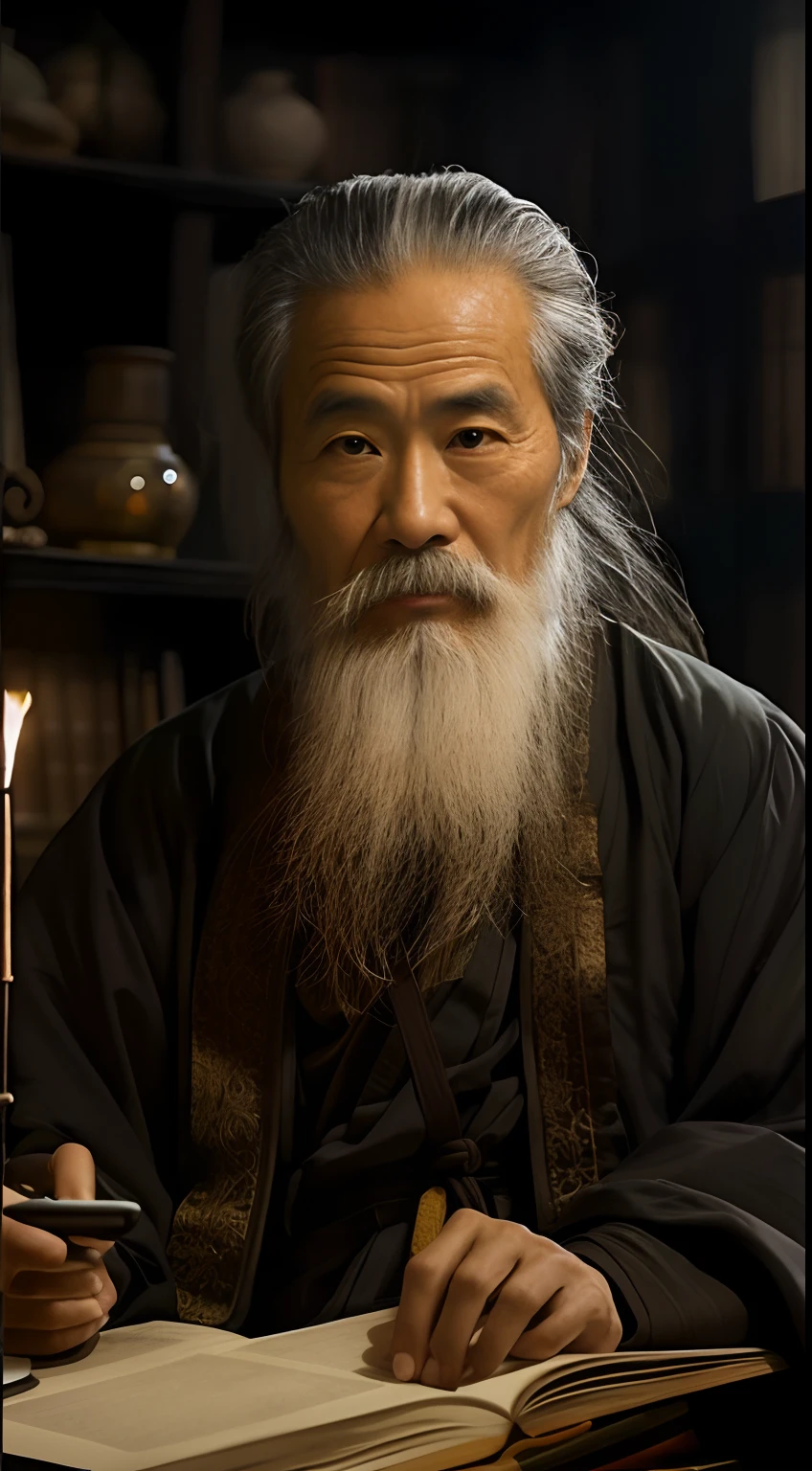 An old beggar,tmasterpiece,top-quality,best qualityer,offcial art,Beautiful and beautiful,realisticlying,The background is blurred out,Asian face,chineseidol,mtu,Upper body effects,The beard is long