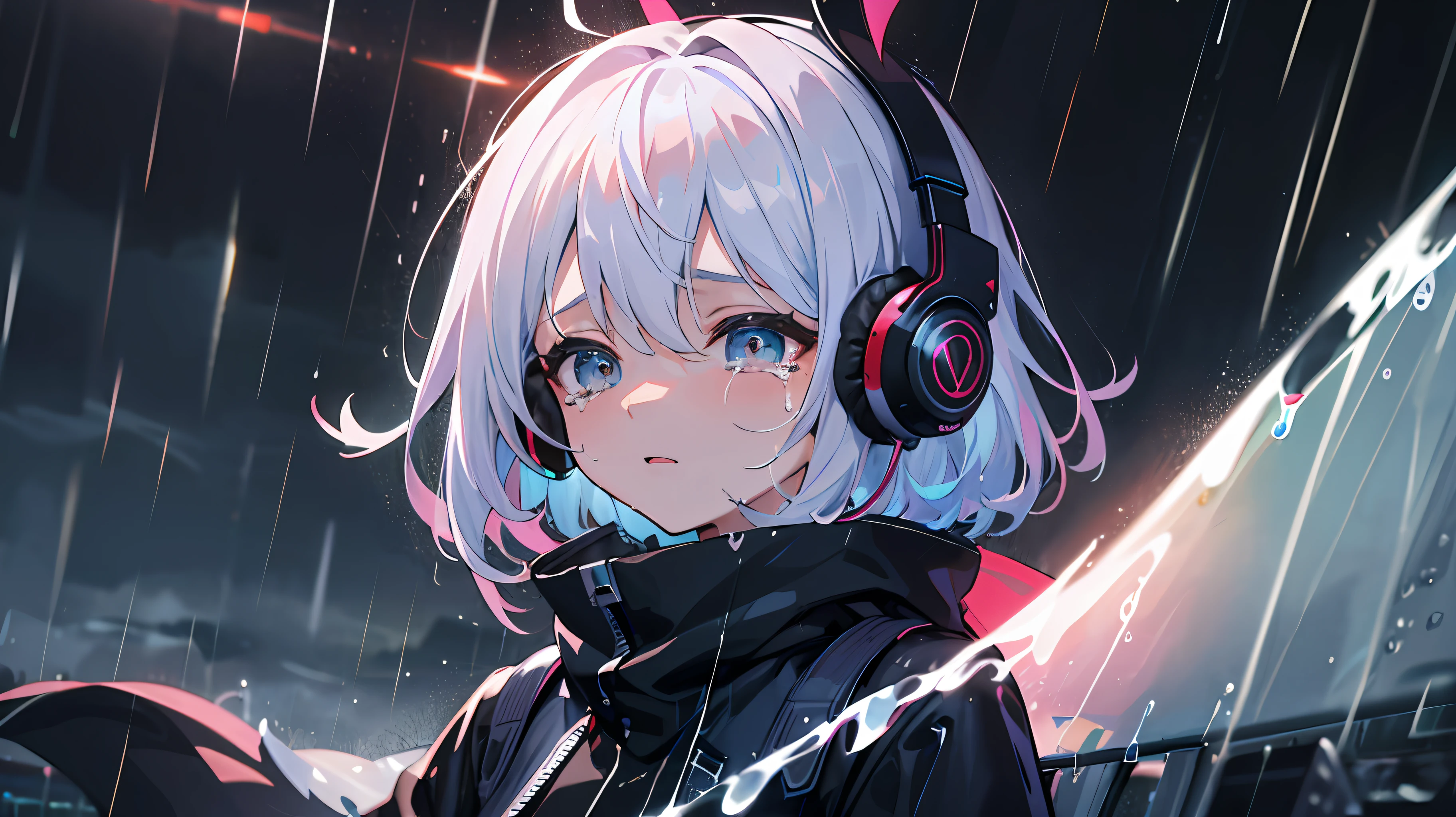 ((masterpiece)),((Rain)),(((Transparent))),(high-level image quality),8K,4K,Blue base illustration,((natta)),(chee),(Music),((head phone)),Woman in the center,being hit by rain,is crying,Inspired by music,(Transparent hair),Looking into the distance,Horizon,((The only light)),