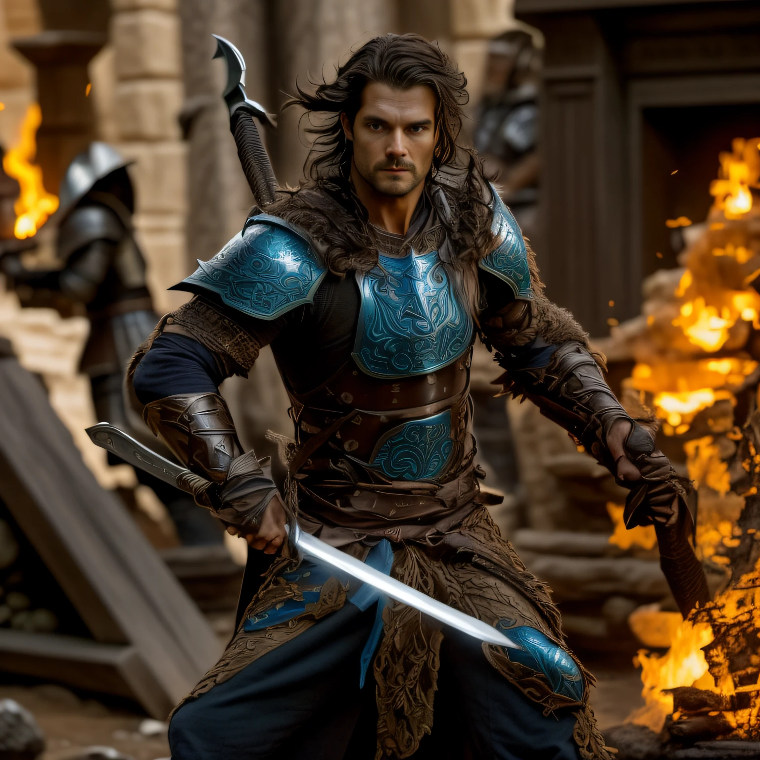 a man in armor holding a sword and standing in front of a fire, still from a fantasy movie, biblical epic movie, fantasy movie still, karl urban as a dragonslayer, henry cavill as a warrior, henry cavill as arthas menethil, picture of an adult male warrior, dramatic cinematic action shot, film still from 'thor', norse warrior