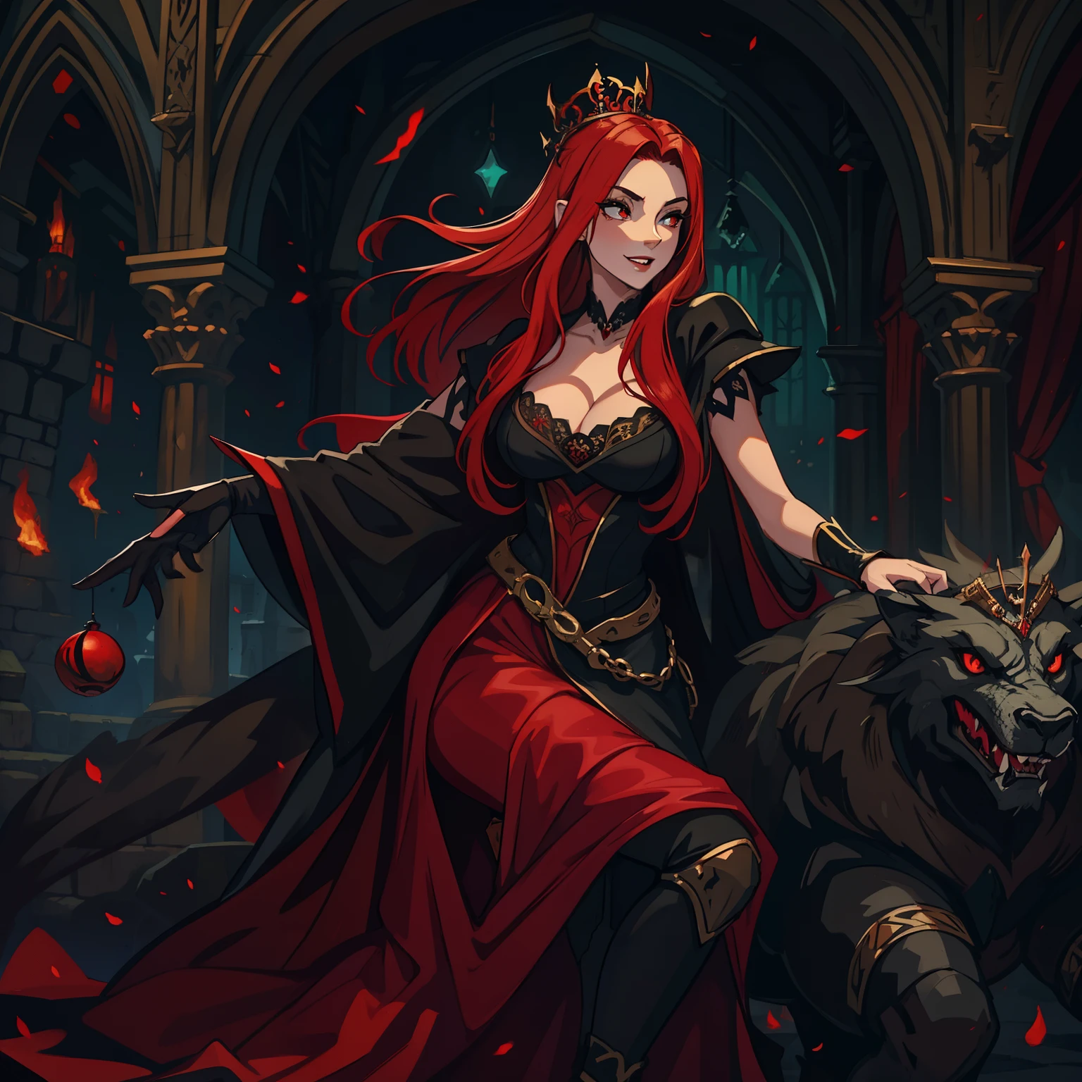 A beautiful woman with long red hair and red eyes like a queen in a dark castle of dark black rocks, she is wearing dark and elegant queen clothes, like an attractive villain with a seductive smile and a sexy seductive look, is the villain of an RPG is wearing medieval costumes to a dark ball. Use shades of red and black The image has to portray the essence of a villain. with dragon clothes the essence of fire she is inspired by volcanoes her dark essence through a medieval RPG art Conceptual Game Art rpg medieval art art illustration rpg she is young with an attractive and beautiful body a villain with an impressive beauty like that of a seductive vampire a villain smile with a gentle look he is inside a castle in the middle of a medieval ball of the royalty a royal ball a medieval party