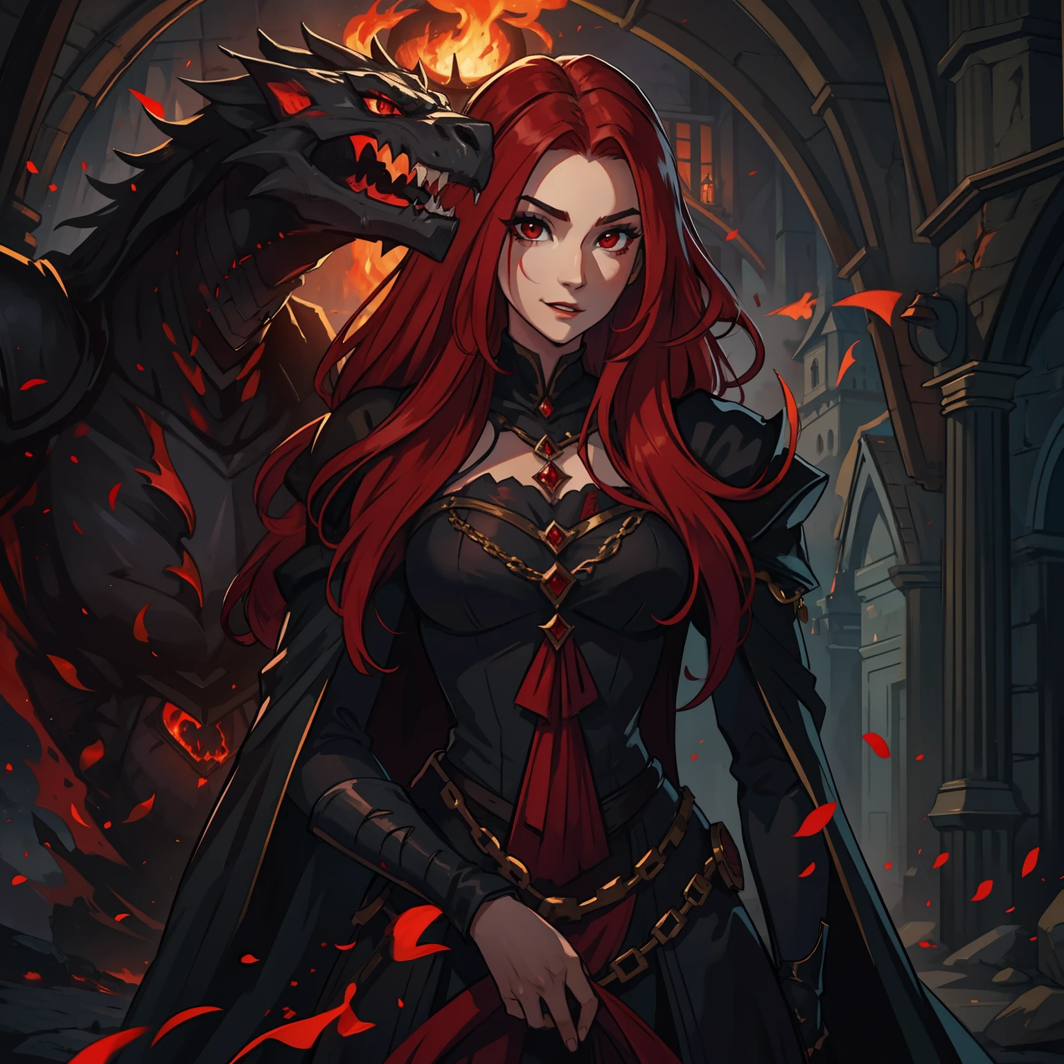 A beautiful woman with long red hair and red eyes like a queen in a dark castle of dark black rocks, she is wearing dark and elegant queen clothes, like an attractive villain with a seductive smile and a sexy seductive look, is the villain of an RPG is wearing medieval costumes to a dark ball. Use shades of red and black The image has to portray the essence of a villain. with dragon clothes the essence of fire she is inspired by volcanoes her dark essence through a medieval RPG art Conceptual Game Art rpg medieval art art illustration rpg she is young with an attractive and beautiful body a villain with an impressive beauty like that of a seductive vampire a villain smile with a gentle look he is inside a castle in the middle of a medieval ball of the royalty a royal ball a medieval party