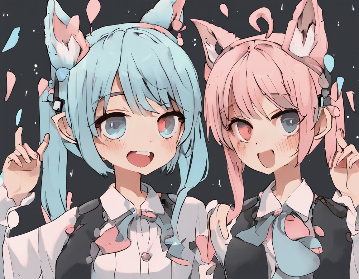 kemonomimi_mode,light purple hair,ahoge,heart-shaped pupils,cat_ears,:3,breasts,huge breastsblue and white T-shirt,red pupil,black stockings,blue hair,white gloves,girlish,Brown shoes,2 girls2,blue tie,blue skirt,petrified hair,in bilibili,sister,are smile