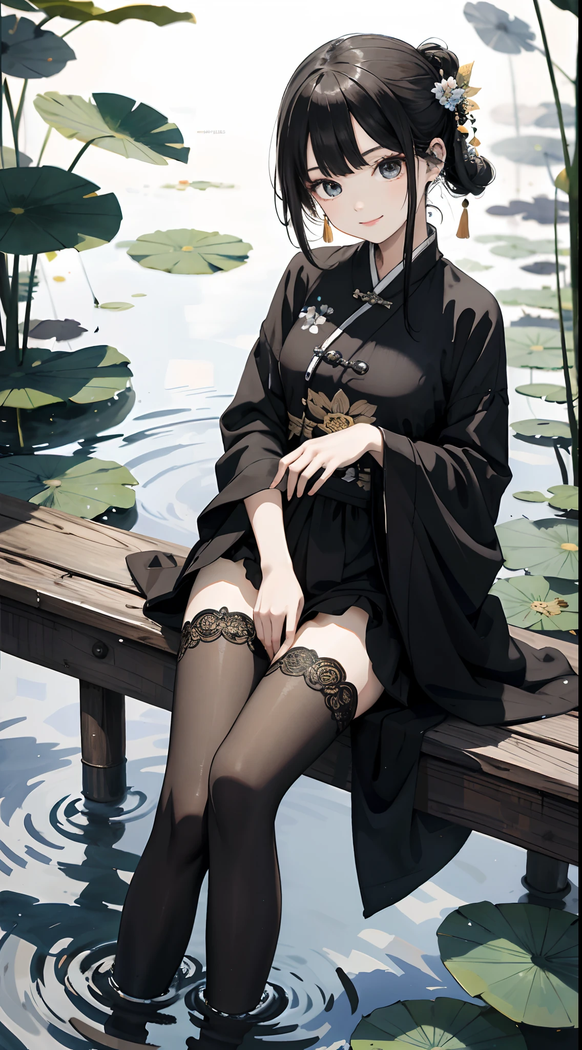 hoang lap,8K high resolution,ultra - detailed,(1girll:1.3),handpainted,Simple lines,16-year-old girl wearing black Chinese clothing,beuaty girl,In the lotus pond,tmasterpiece,Sit on a plank floating in the water,Floating hair,black pantyhoses,black pantyhoses,looking toward the viewer,ssmile,posed for photo,