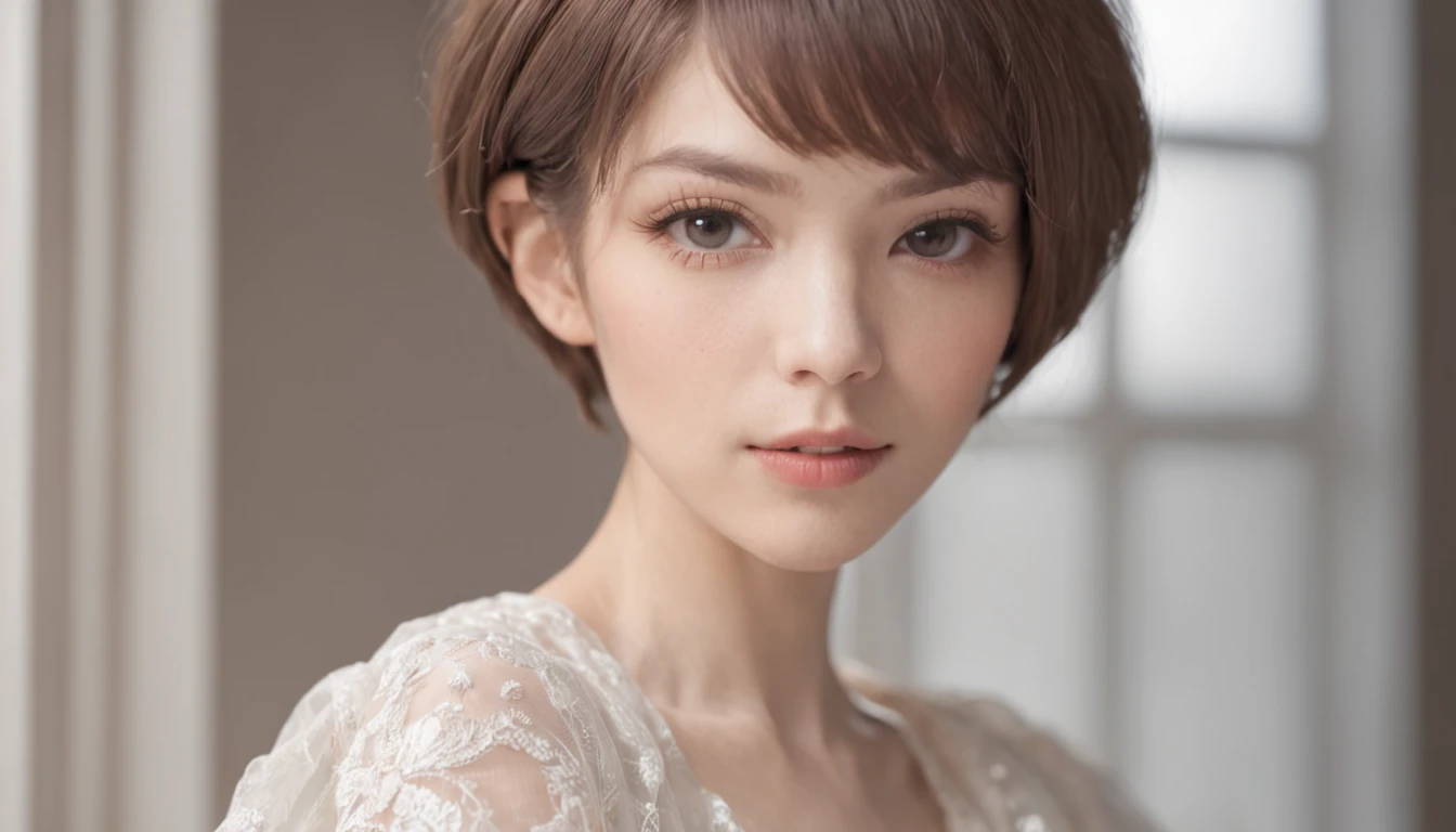 (short hair girl)of great picture quality,Delicate and delicate depiction,Dynamic angle,Dressed in white,Focused facial features。