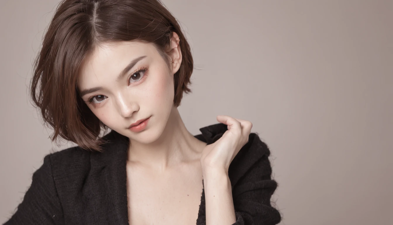 (short hair girl)of great picture quality,Delicate and delicate depiction,Dynamic angle,Dressed in white,Focused facial features。
