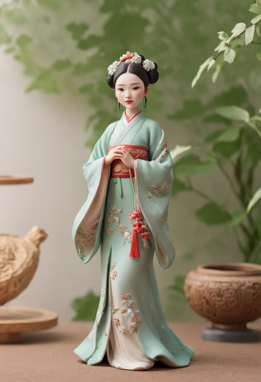 An antique Chinese Hanfu girl,Wear an ancient bun on her head,Clear skin,Stand in the wicker bush,Floating leaves fluttered around her。Bright tones in the background,The soft light illuminated her whole body。Adopt 3D style,POP Mart's clay art style,Backlighting and contour lighting create a unique atmosphere。Utilize hard light sources and delicate materials,Delivers superb facial detail and ultra-high definition。Meticulous epic details and high-quality refined materials create the effect of 3D art。The whole work is used in a blender,Showcases a super texture。The picture quality reaches 8K level。