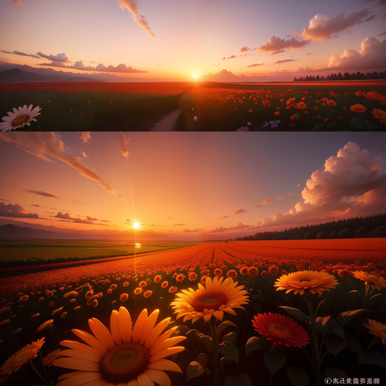 A warm sunrise or sunset picture，and a picture of flowers showing the life of nature，to enhance the reader's emotional experience。