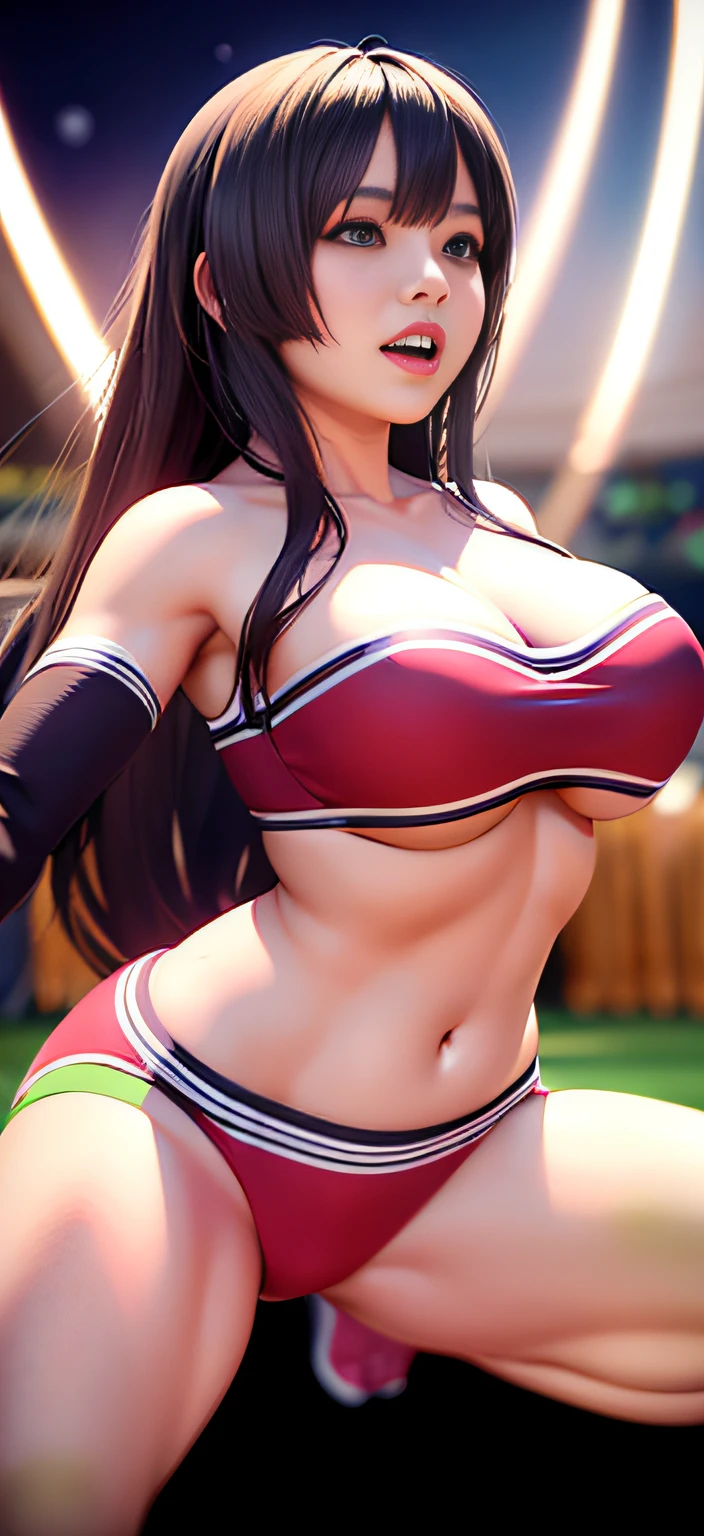 Ultra-realistic portrait of very beautiful woman in cheerleader costume posing for photo, Beautiful figure, cheering, , cheeryblossom, trending at cgstation, close up half body shot, crimson themed,Cinematic, ultra-detailliert, Insane details, Beautifully color graded, Unreal Engine, degrees of freedom, Hyper-Resolution, Megapixel, cinematic lightening, Anti-aliasing, FKAA, TXAA, nffsw, SSAO, post processed, Post Production, Tone Mapping, ......CGI, VFX, tokusatsu, insanely detailed and intricat, Hyper maximalist, Hyper realistic, Volumetric, Photorealistic, ultra photoreal, Ultra-detailed, Intricate details, 8K, super detailed, fulcolor, Volumetric lightning, nffsw, Realistic, Unreal Engine, 16 K, Sharp Focus, cgsociety 9, beautiful countenance、(Lifelike face)、realisticeyes、beatiful detailed eyes、real looking skin、Beautiful skins、A hyper-realistic、ighly detailed、(squatting and opening legs)、Thin laughter、(Pose showing panties)