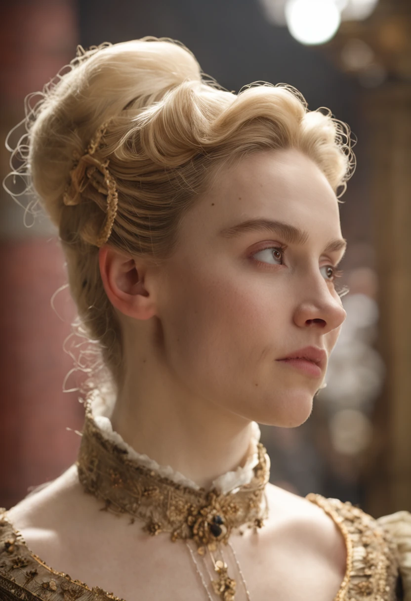 Mid-shot beauty, French, 24 years old, (Pale:1.3) skin, Empress, Blonde straight hair in bun hairstyle, Large eyelashes, Self-confident, Serious, haughty, no-makeup, Beautiful body, Intricate Victorian costumes, In the palace, victorian age