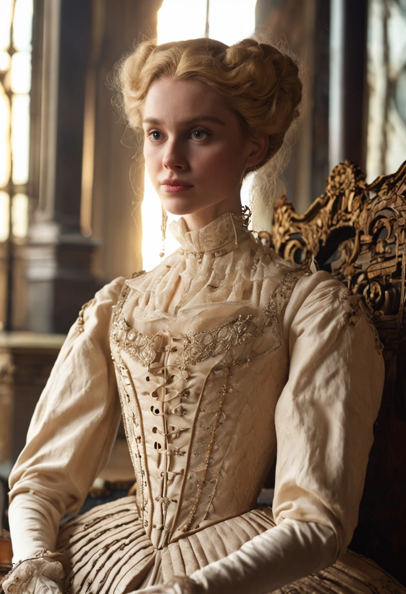 Mid-shot beauty, French, 24 years old, (Pale:1.3) skin, Empress, Blonde straight hair in bun hairstyle, Large eyelashes, Self-confident, Serious, haughty, no-makeup, Beautiful body, Intricate Victorian costumes, In the palace, victorian age