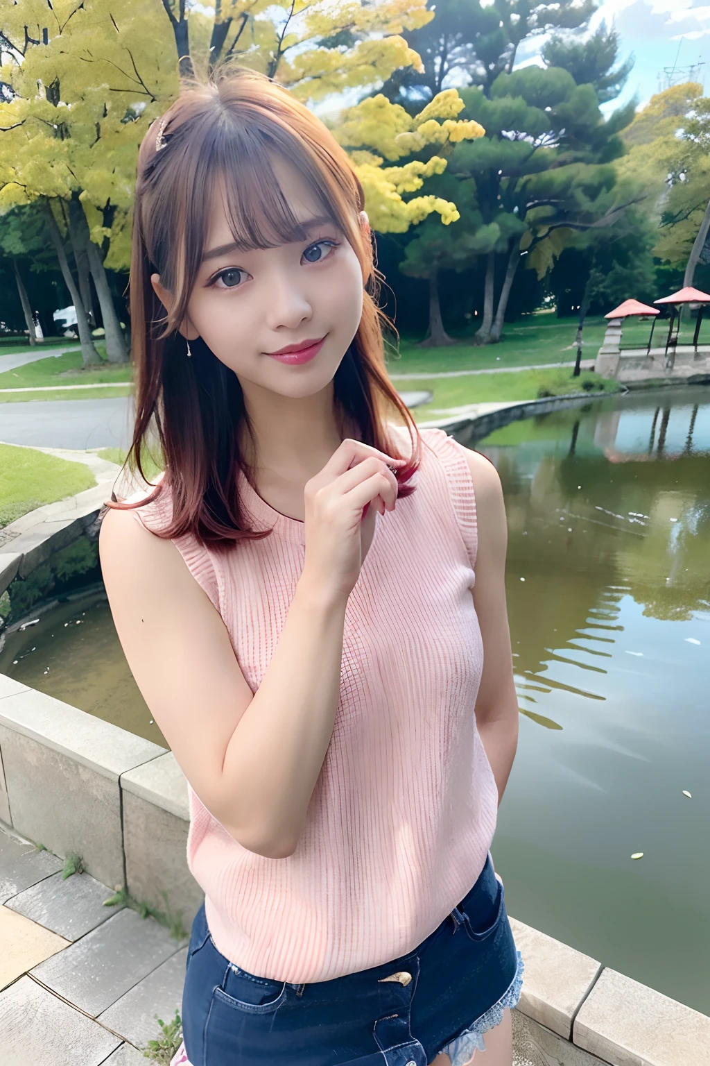 top-quality、超A high resolution、(photoRealstic:1.4)、red blush、Shorthair、cute little、(详细的脸)、A smile、、western clothes、a miniskirt、Sunnyday、Highly transparent pond、(a park)、blue-sky、Adults