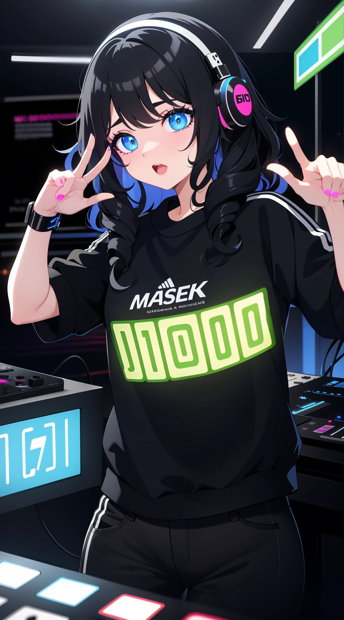 white girl, olhos castanhos, large eyelashes, cabelo encaracolado preto, Fones de ouvido com LED, neon lights around, Menina Gamer, DJ Setup, Produtor musical, Neon musical notes around: black hair, charcoal colored hair, dark black curly curly, curves, short wavy