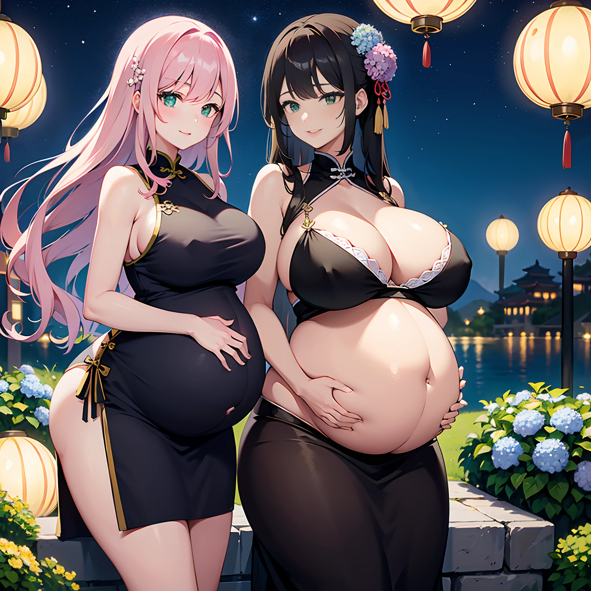 Masterpiece, Best quality, Night, full moon, 1 girl, Mature woman, Chinese style, Ancient China, The beautiful man looked at her pregnant belly and smiled, Big Baby Bump pregnant, Bigboobs, Nippur,Big black balloon big pregnant belly, Big Pregnant girl, Largest Belly of Pregnant, Huge Pregnancy, Huge 60 months gestational belly,Brown hair, Princess cut, Single strips of fried dough twisted braid, Coiled hair, Double ball head, Light pink lips, calm, Intellectual, mid hair, green pupills, Hairpin, hydrangea,