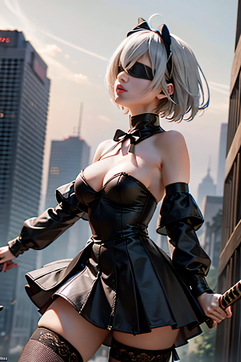black bandage on both eyes 2b ((Yorha_no man._2_TYPE_b)), (black blindfold on both eyes ) , ((silver haired, shingle)), Black ribbon holds hair ((Masterpiece)), running , dynamicpose, Bottom and side view, in full height, It's working, Detailed, beautiful and aesthetic, Masterpiece, Best Quality, (zentangle, a Mandala, tangle, entangle), (s fractal art:1.3) , 1girl, Extremely detailed, Dynamic Angle, cowboyshot, Most Beautiful Form of Chaos, elegant, a brutalist designed, bright colours, romanticism, James Jean, roby dwi antono, Gothic fashion for ta, a mole on the left side of the chin, knee-high boots, highheels, Apocalyptic ruins in the background, combat stance, Dynamic motion, motion lines, Dynamic Angle, Battle, the wind, fighting, holding a long Japanese katana in his right hand, black ribbon in the hair, Fluffy pleated skirt with slit,