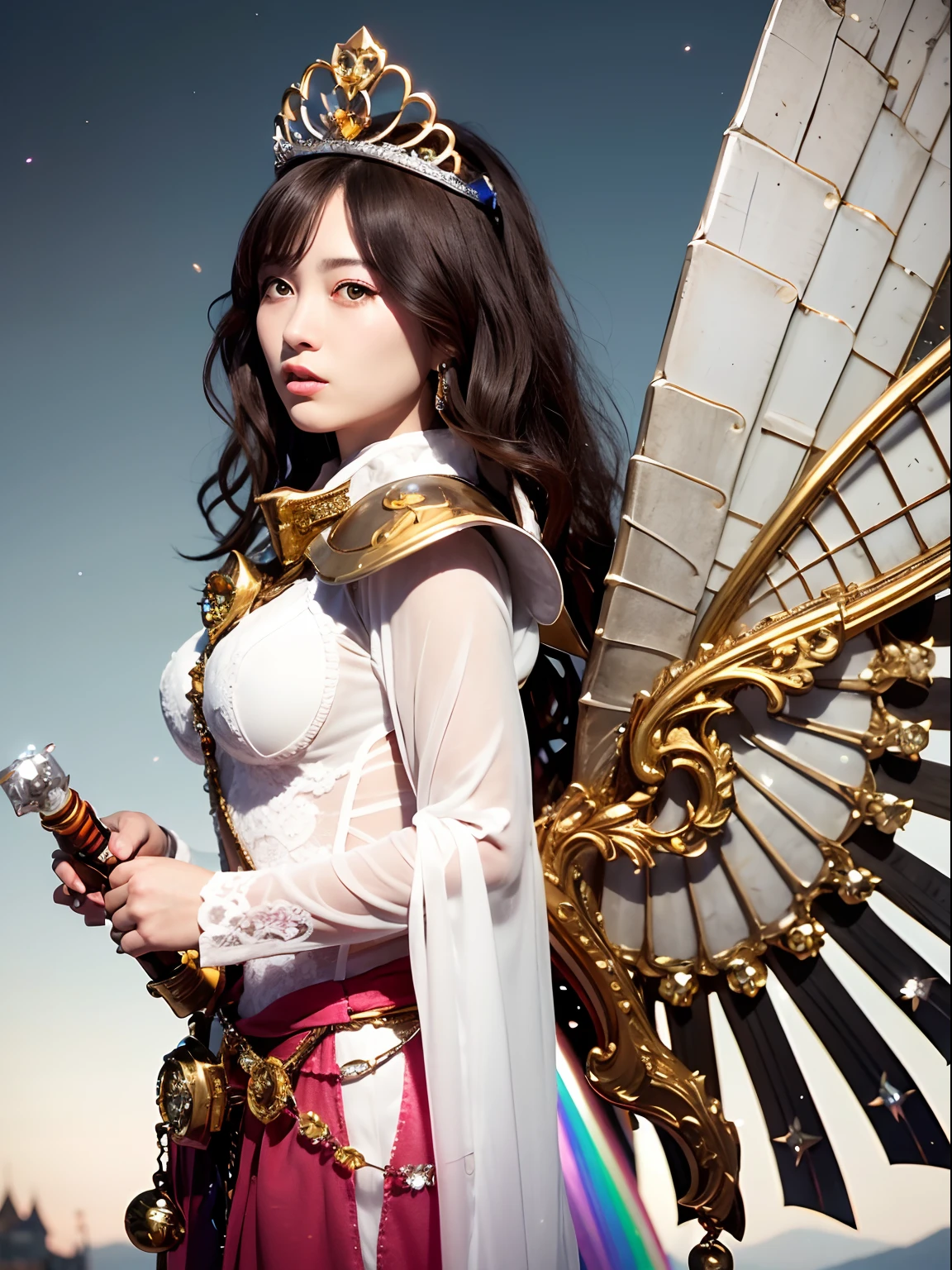 (masutepiece), Professional , masterpiece、top-quality、photos realistic , depth of fields (Gemstone Silver Metal Body:1.9),(Matt W White Pink、Jewel Gold Weapon、(Gorgeous castle background)、(ultimate beauty girl)、(Rainbow fairy wings grow)、Particles of light、(Metal body of iridescent gemstones:1.9),Gorgeous Jewel Metal Weapons , Detailed Sword of the Brave ,( a blond) ,warhammer 40k , adepta sororitas,Detail and ornate jewel crown、独奏、Brown hair、(Gangle's forest background)、Beautiful Caucasian beauty、1a person、dynamic ungle,(((Diamond tiara with detail and luxury)))、a small face、Powerful poses、(Gorgeous castle background)、huge filesize、20 year old beautiful woman、Stand in the center of the screen、Thin female fingers、Straight long hair、Beautiful Caucasian beauty、(maikurobikini)、Hair fluttering in the wind、face forwards、Look at viewers、