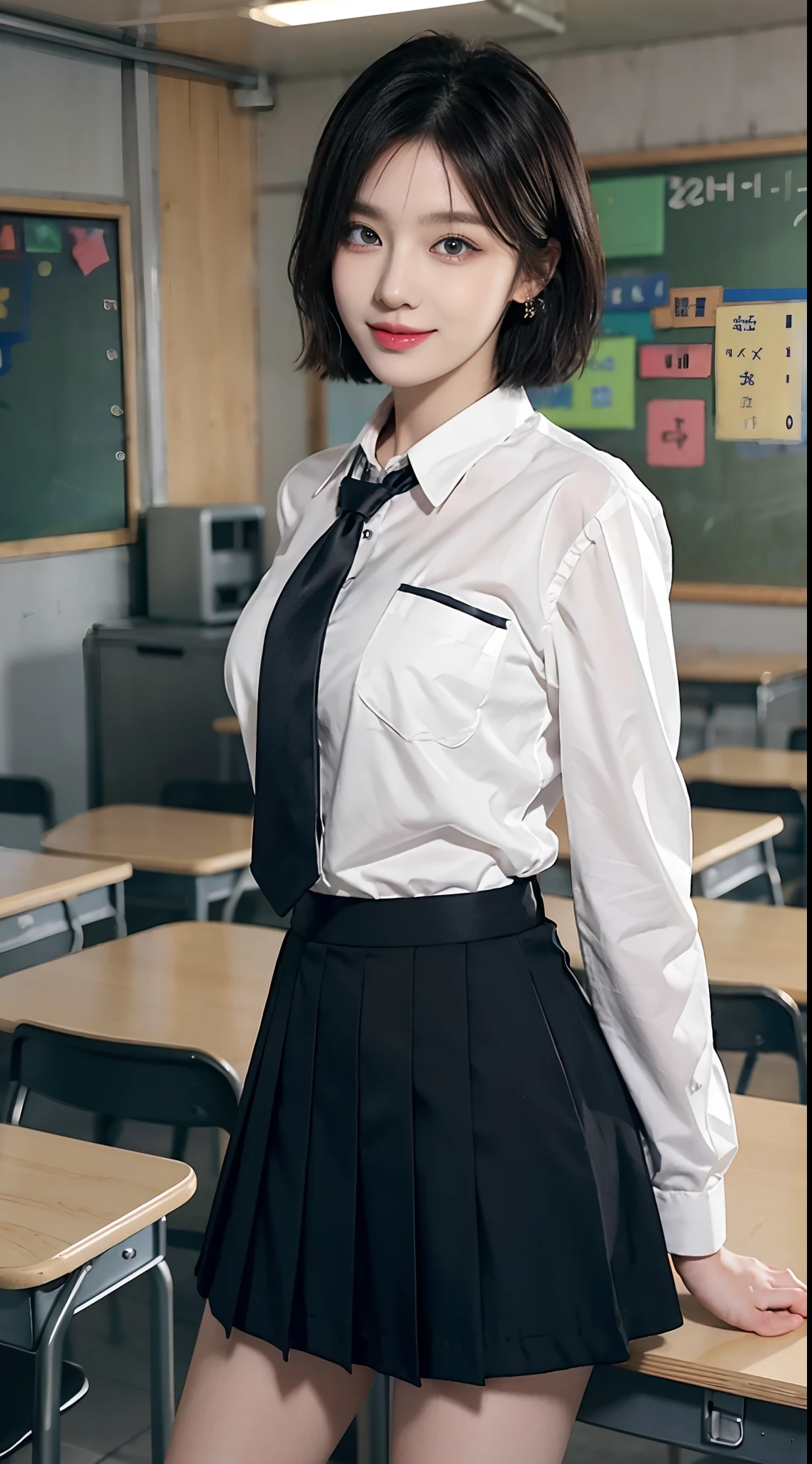 8K RAW photos, high resolution, 21 year old cool Korean, big round breasts, school uniform, tie, tie ribbon, blazer, skirt, beautiful eyes in detail, long eyelashes, beautiful double eyelids, eye shadow, slit eyes, sanpaku eyes, dark eye makeup, evil smile, beautiful thin legs, short hair tied at the back, earrings, school staff room