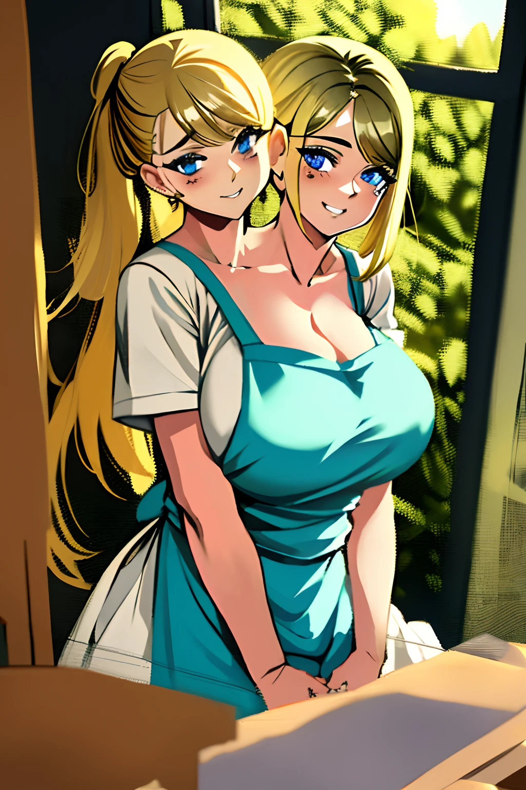 2heads, a short fat woman with 2 heads. She has massive breasts. She is inside an art classroom, with a window. She is painting. She is wearing a brown artist's apron. She has long blonde hair in a ponytail. She is laughing. She has gigantic breasts. She has a smudge of paint on her face. She has splotches of paint on her apron. She looks mature. She looks motherly. She has massive breasts. She is extremely short. She is extremely fat. She has massive fat boobs.