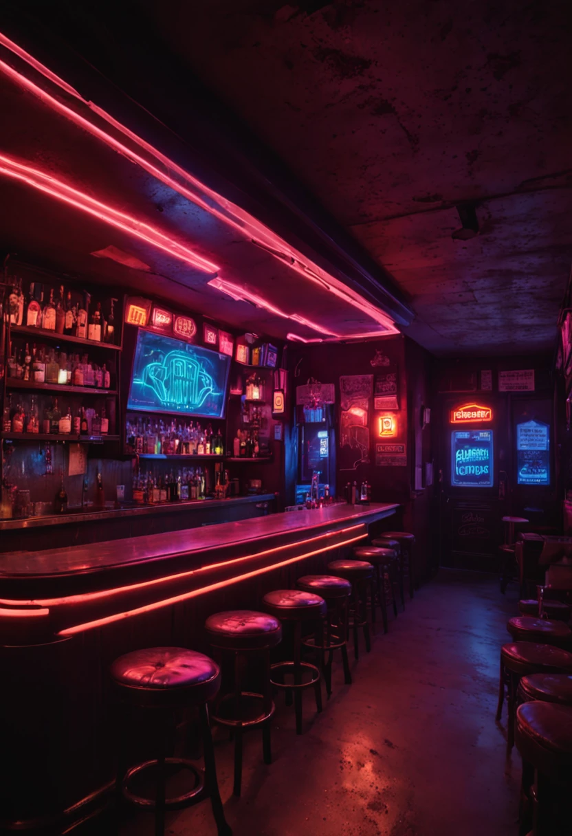 dimly lit bar with neon signs and stools in the dark room, bar de mergulho mal iluminado, very smoky cyberpunk paris bar, atmosfera escura cyberpunk neon, cyberpunk with neon lighting, vibe cyberpunk, blade runner vibes, cyberpunk lighting, ambiente neon, cyberpunk setting, boate cyberpunk, atmosfera cyberpunk, neon dark lighting, dentro de um bar, Cyberpunk Basement, Luzes neon neony