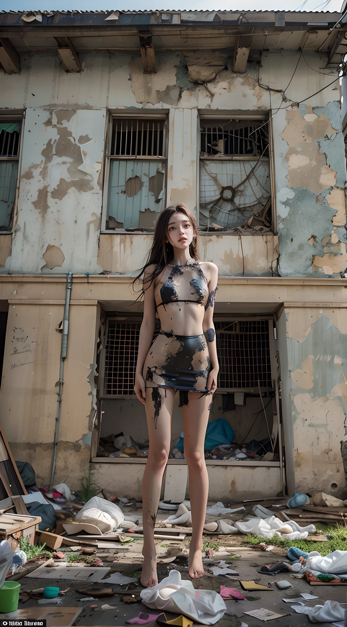 tmasterpiece,abandoned building,Garbage all over the ground,grimy,full-body portraits,Sexy standing pose,Slim legs,very beautiful long slim legs,The barefoot,Naked all over the body,full body exposed,exhibitionists,The body is exposed randomly
