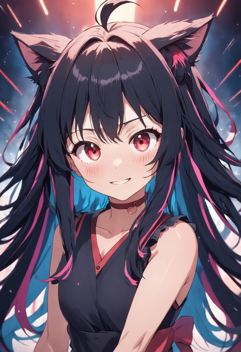 black hair, hair bobbles, wince, longeyelashes, solid circle eyes, fake animal ears, light smile, ear blush, fang, big breast, Surrealism, drop shadow, anaglyph, stereogram, tachi-e, pov, atmospheric perspective, 8k, super detail, ccurate, best quality