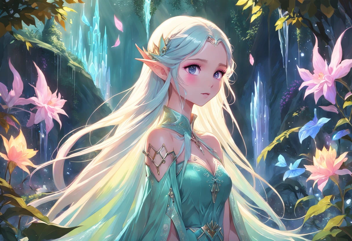 ((Elf Princess))，Fantastic light and shadow effects，Colorful plants，Specular reflection of the Crystal Palace，in pastel shades，Translucent landscape，Flashing elves，Blooming flowers，Breezy sideburns，long and flowing hair，Colorful feathers，Wonderland background music