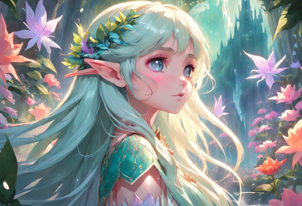 ((Elf Princess)),Fantastic light and shadow effects,Colorful plants,Specular reflection of the Crystal Palace,in pastel shades,Translucent landscape,Flashing elves,Blooming flowers,Breezy sideburns,long and flowing hair,Colorful feathers,Wonderland background music