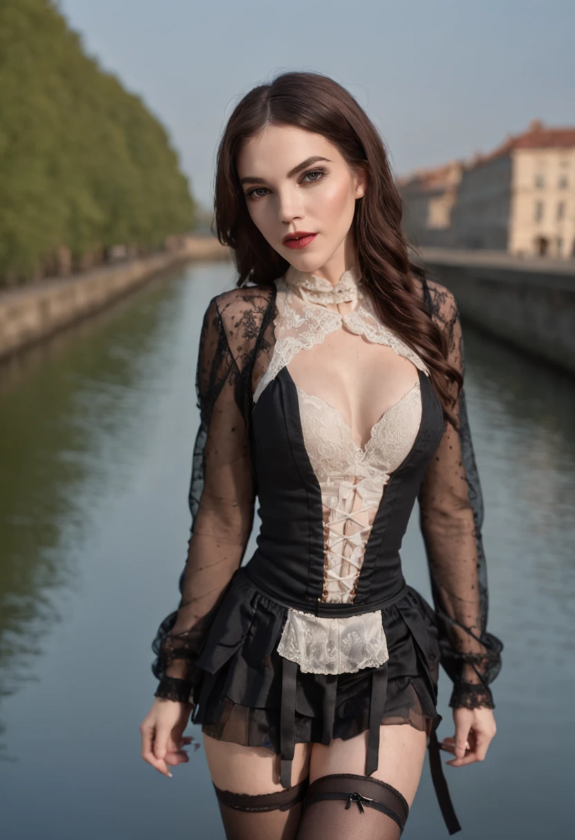 Woman on the water, Matte painted portrait photo, realistic fantasy photography, Mini sheer skirt, Light black stockings,There are garters on the legs, Lace transparent suspenders, Black stiletto heels,