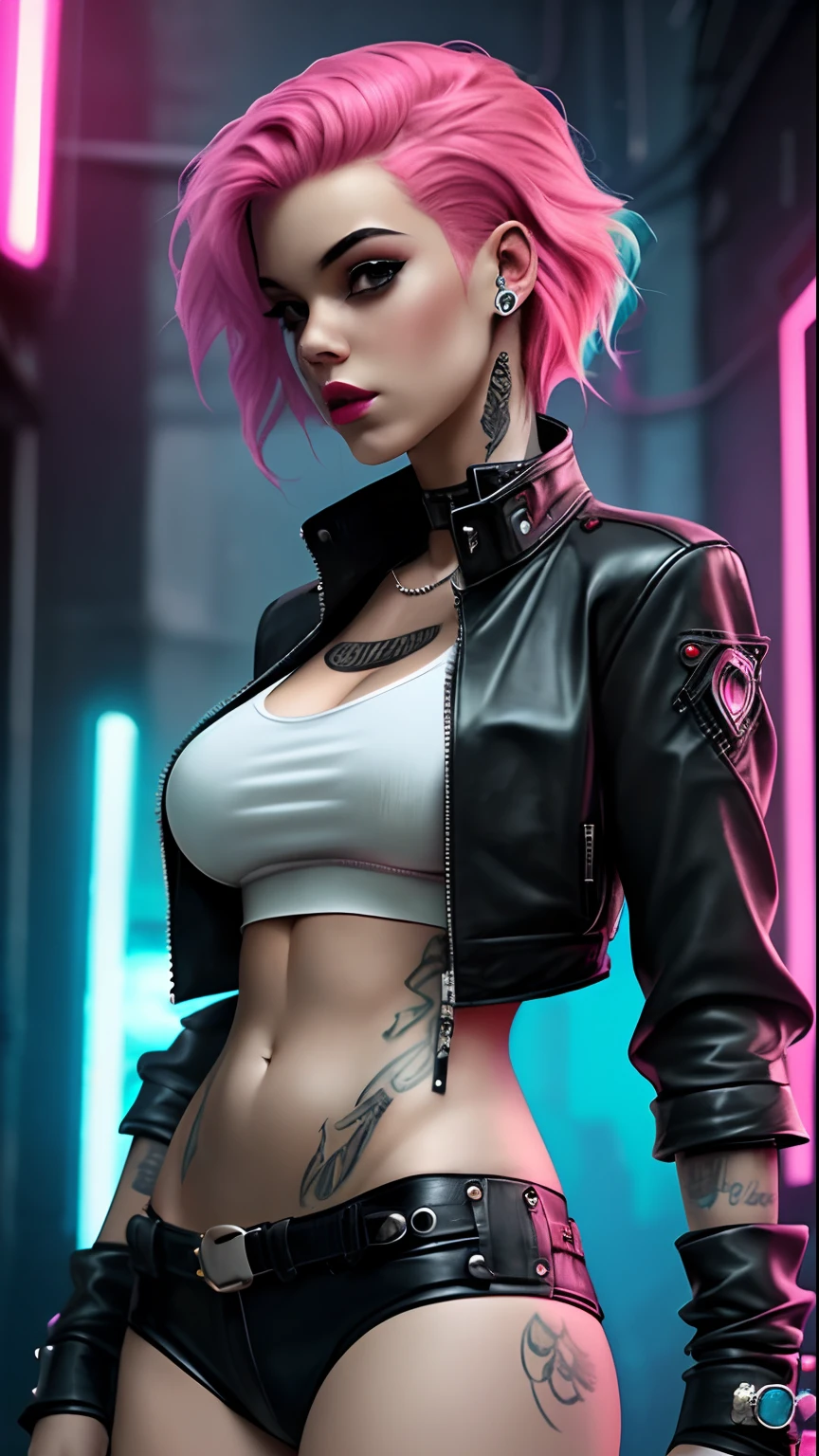 Beautiful woman, 21 year old, dyed pink hair, sexy leather clothes, long breasts, cyberpunk style, realistic detailed, portrait, bad ass, punk rock, rebel, sexy, full body shot