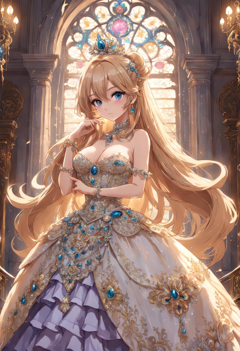 ((anime artstyle)),(Masterpiece),(Best Quality),(Super Detail),(Very Delicate and Beautiful),Solo,((full body,standing pose)),standing in the royal palace,((1 queen in jeweled gorgeous rococo ballgown with voluminous full length hoop skirt)),(crinoline),gorgeousfull embroidery,(gorgeous gemstone jewelry),(detailed face and eyes),jewel-like eyes,((large amount of straight hair,extremely Long voluminous Hair)),((gigantic tits,Long tits,skindentation)),gorgeousfull embroidery,cleavage,extremely gorgeousfull hair ornament,(bling-bling extremely gorgeousfull jeweled tiara),gorgeous corsage,(Dynamic Angle),Looking at viewer,((full body))