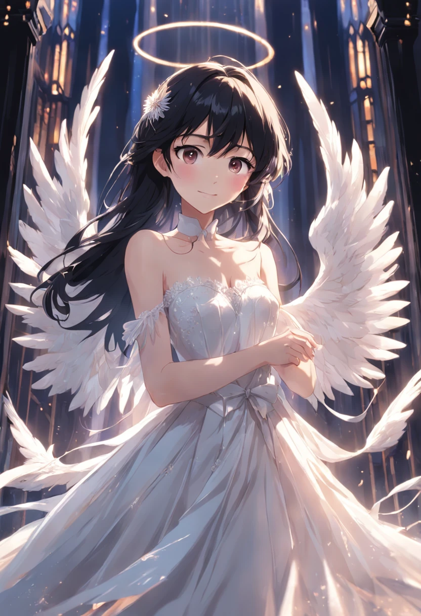(masterpiece)、(absurdres)、(ultra detailed)、(8k),angel:1.1,(solo lady、shiny black hair、shiny purple eyes、short highponytail
、(1white ribbon:1.1)、(Gothic MaxiDress:1.2)(silver detailed),floating angel feathers:1.3,(backlighting:0.9),Ancient Greek temples:0.9、half-closed eyes,closed mouth,smile,