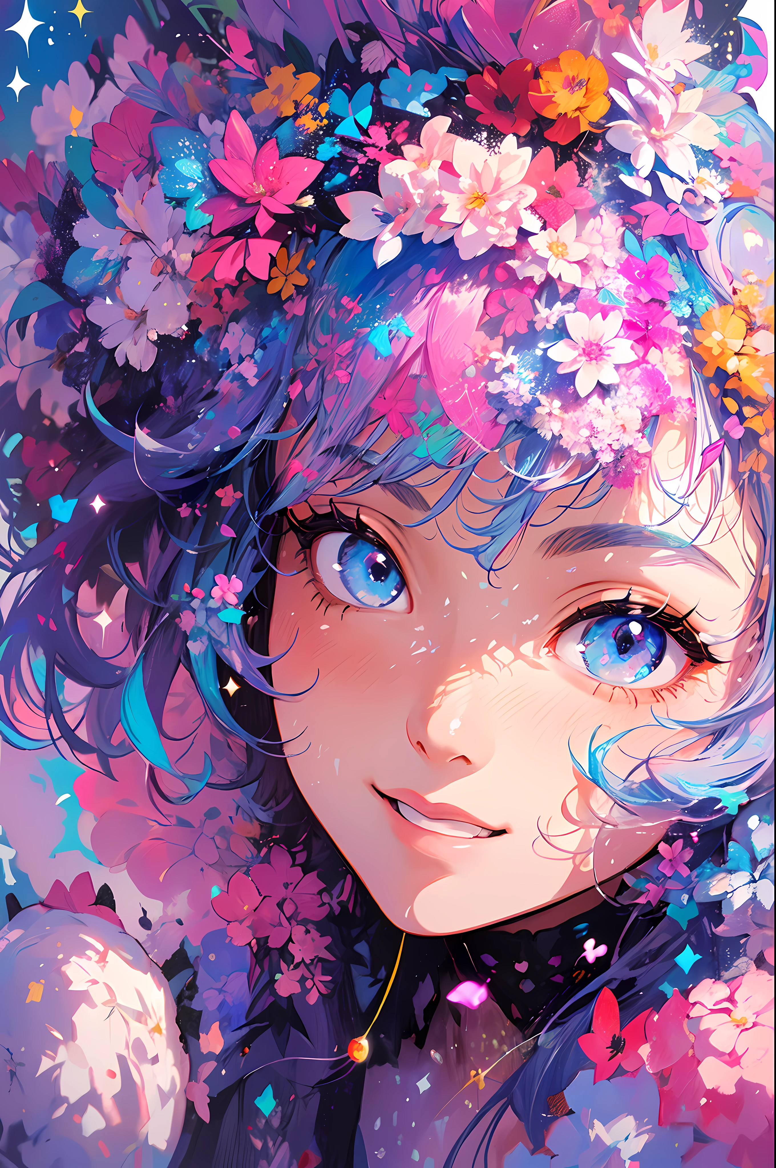 ((flowercrown)),Contemporary art created by tracing traces of colorful ink、masterpiece、ultra-detailliert、pop-art、innocent smiles、eye glass、(1 girl, Solo:1.6),(Cute smile), (Best Impact:1.5), (maximalism:1.7), Vivid contrast, (Realistic), hyperrealistic illustrations, hight resolution, ultra-detailliert, absurderes,(Fractal Art:1.3)、Random hairstyle、Random hair color colorful、FULL BODYSHOT、Retro、Precise focus、randome pose、cinema4d、Drama