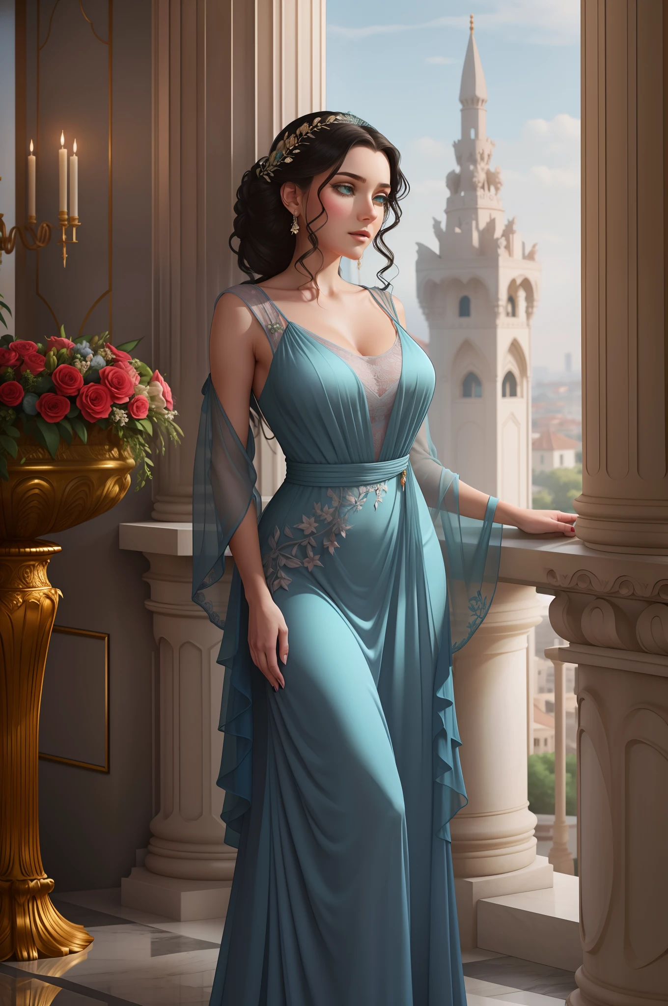 Woman in a long dress with lilies, (((In aristocratic attire))), Standing on the balcony,  Gentle blush, Plump sponges, vivid green eyes,  dark hair with a gray strand in the hairstyle, delicate blue dress, rich embroidered emerald dress, gemstones, Luxurious outfit, transparent chiffon, Rich interior, Flowers in vases, columns with plants and flowers,  Fantasy genre portrait, commission for high res