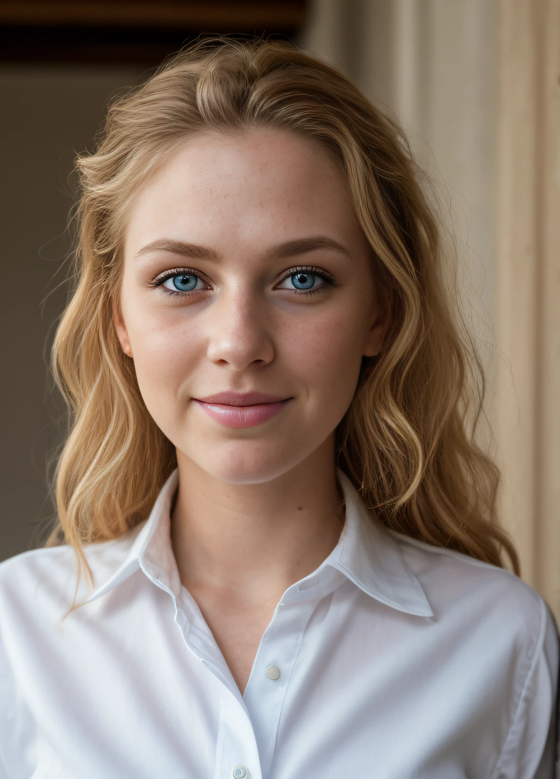 masterpiece, realistic, detailed eyes, beautiful, looking at the viewer, natural lighting, depth of field, film grain, wrinkled skin, 24yo, female, solo, wavy long blonde hair, blue eyes, white, formal shirt, freckles, smile, lips, upper body, Portrait, Front view, in a club