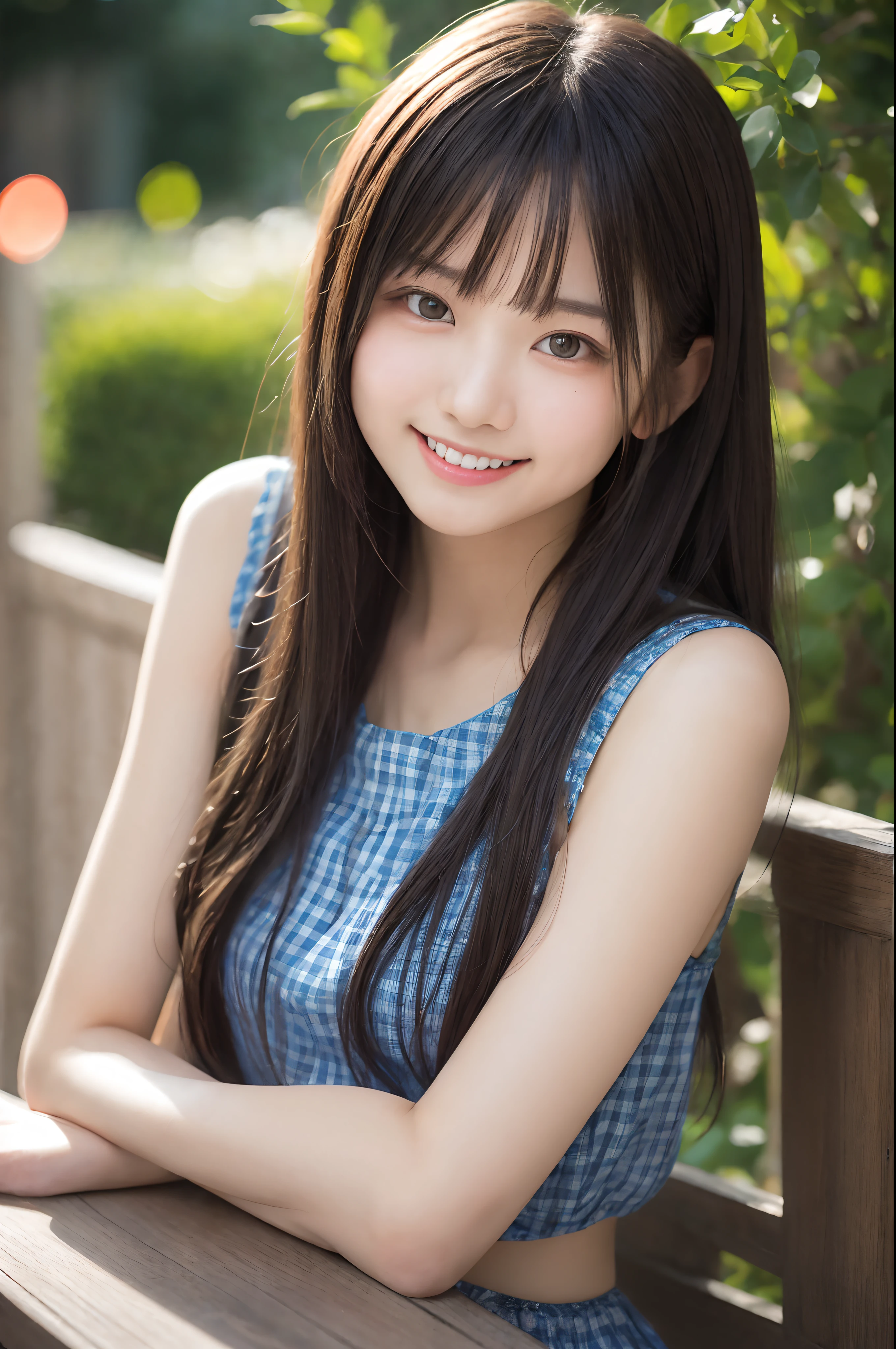 (Best-quality, Masterpiece, Ultra-High-Resolution, (Photorealistic:1.4), Raw Photo, depth of field, professional lighting, perfect anatomy, extremely details), 1girl, -yeld, thost famous Japanese idol, ((at outdoor terrace of Cafe, eating lunch)), looking at viewer, innocent smile, wearing summer-clothes with cute-design, ((extremely cute face like the most popular Japanese idol, ((extremely cute and extremely big eyes)), extremely realistic hair, extremely beautiful and extremely realistic skins)), extremely cute long-eyelashes, extremely cute lips, detailed lunch-box