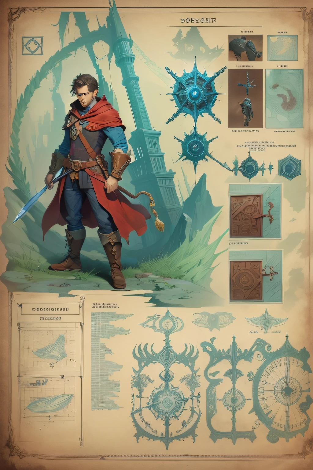 blueprint A brave hero challenges a wicked sorcerer high up in a foreboding tower.
Items and gear listed on the side:
- Enchanted sword
- Mystical amulet
- Ropes and grappling hook
- Sinister sorcerer