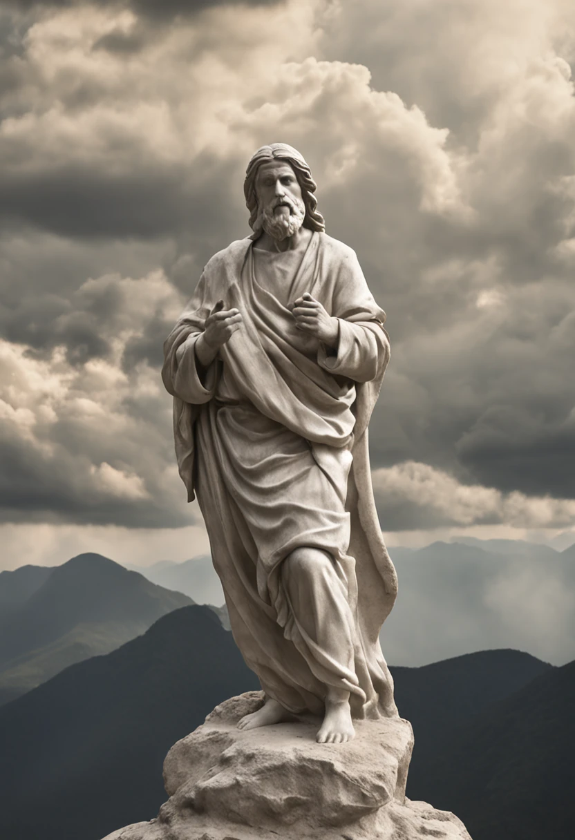 A thrilling vision of Jesus amidst a mountainous landscape, He's on top of a hill, com vista para vales verdejantes e rios sinuosos, dramatic clouds hang in the sky, creating a sense of grandeur and mystery, Escultura, hand-carved marble, capturando detalhes intrincados, --ar 16:9 --v 5