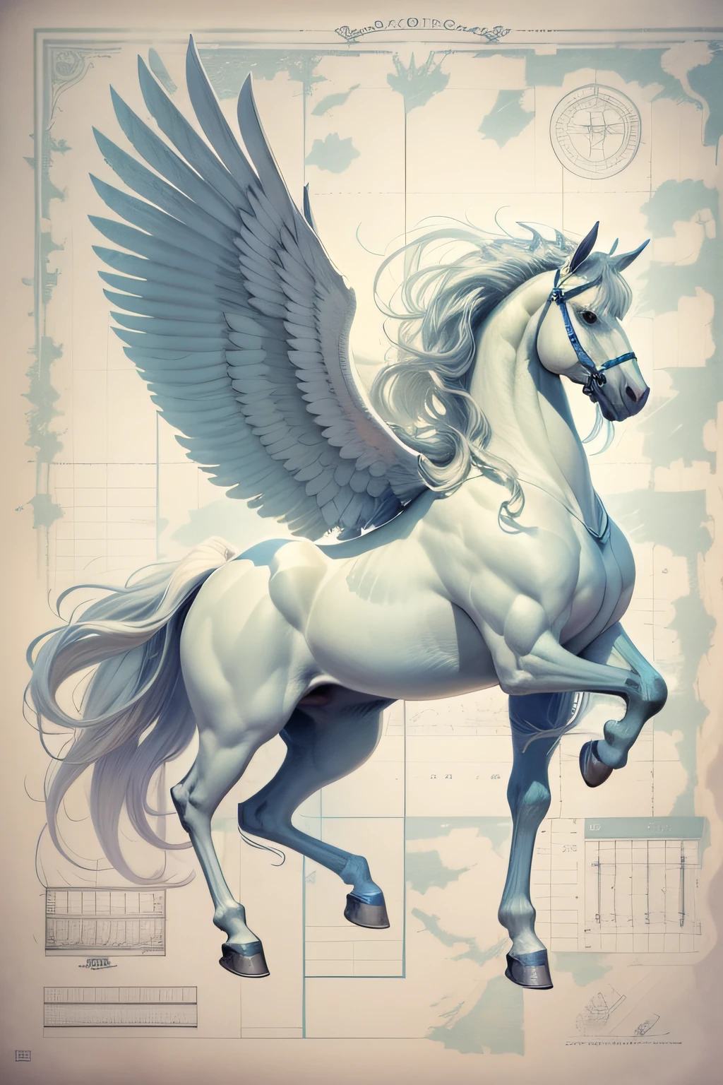 blueprint A majestic pegasus with wings spread flies gracefully through the sky.  

Items and gear listed on the side:
- White winged horse
- Flowing mane and tail
- Saddle and reins
