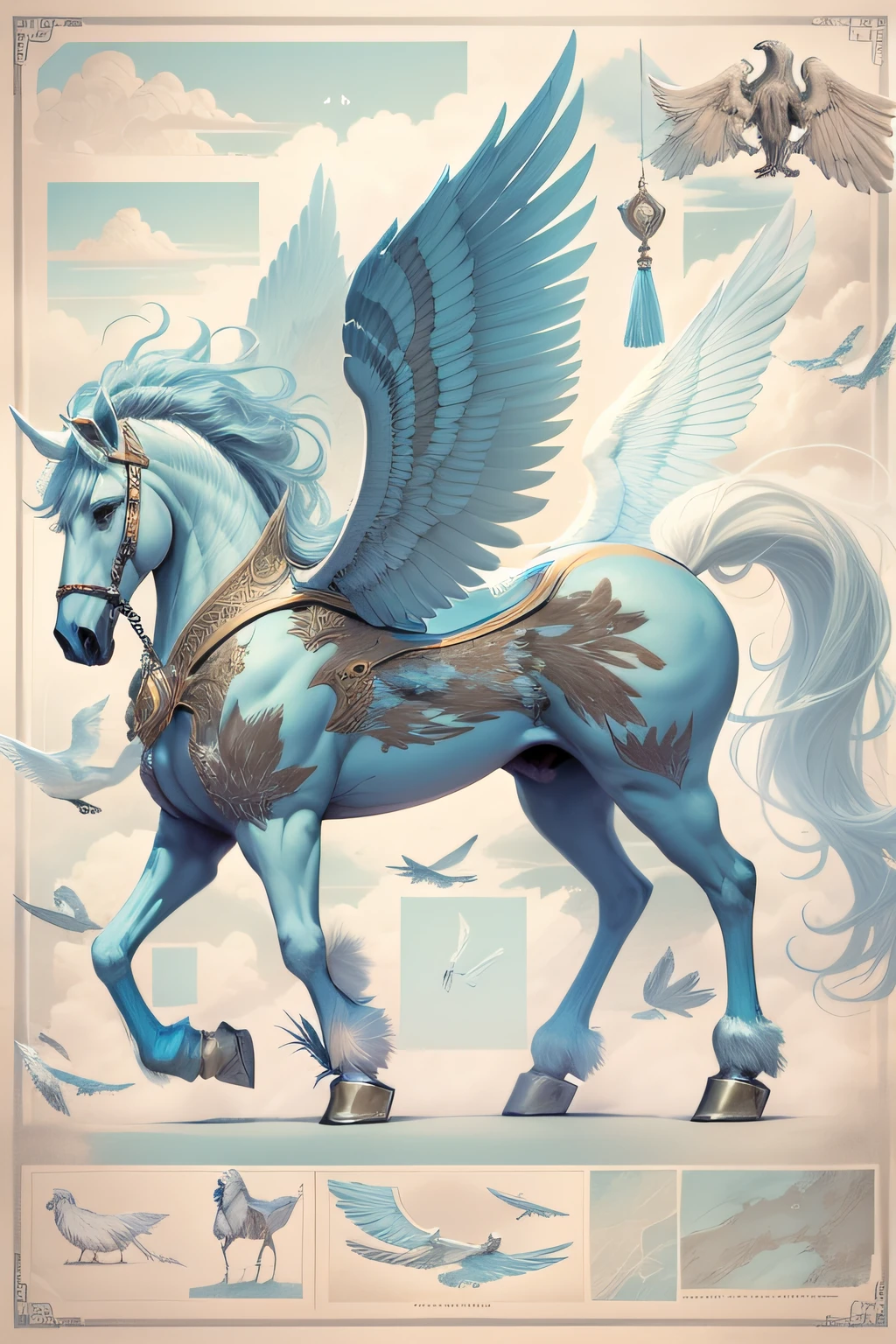 blueprint A majestic pegasus with wings spread flies gracefully through the sky.  

Items and gear listed on the side:
- White winged horse
- Flowing mane and tail
- Saddle and reins