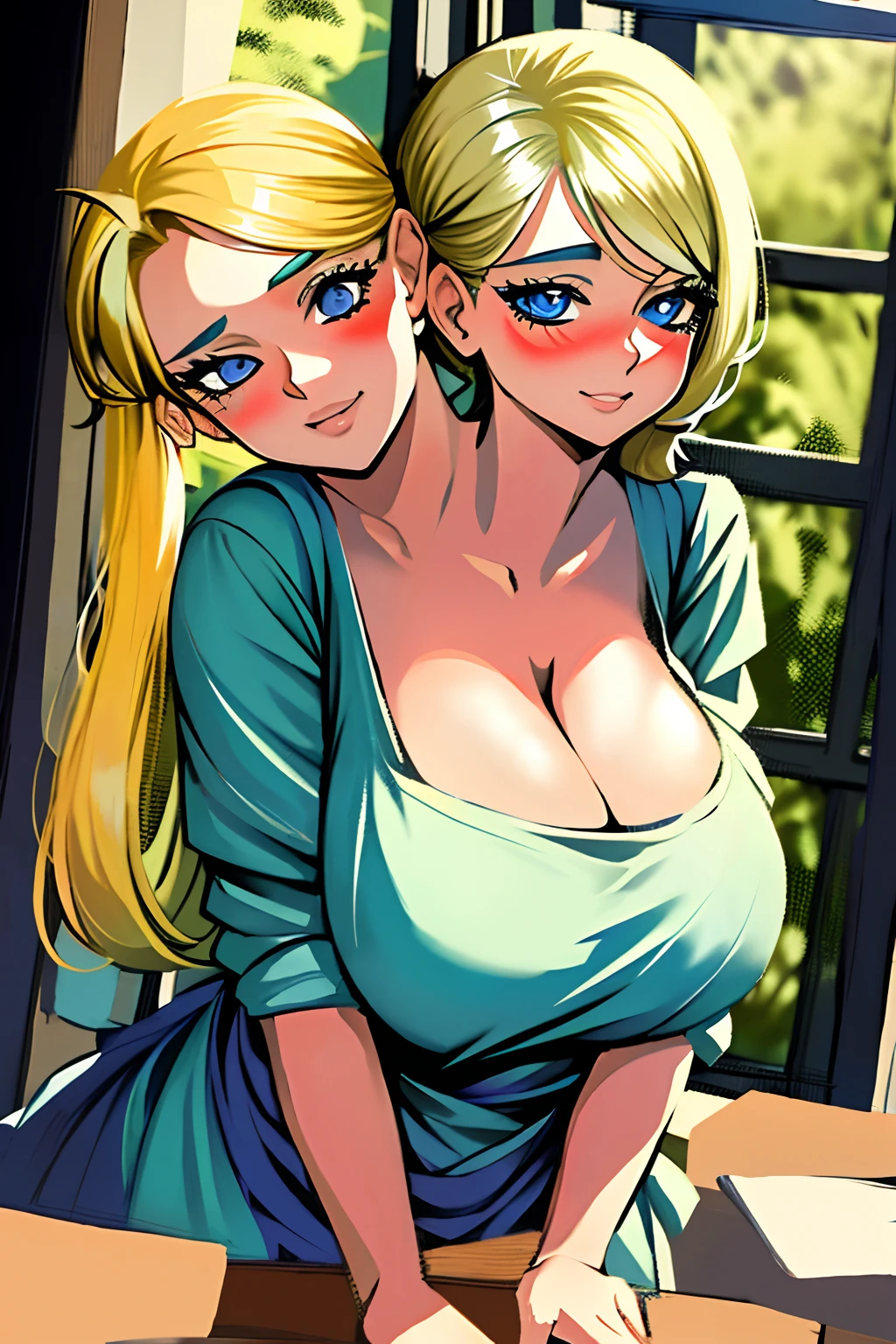2heads, a short fat woman with 2 heads. She has massive breasts. She is inside an art classroom, with a window. She is painting. She is wearing a messy artist's apron. She has long blonde hair in a ponytail. She is laughing. She has gigantic breasts. She has a smudge of paint on her face. She has splotches of paint on her apron. She looks mature. She looks motherly. She has massive breasts. She is extremely short. She is extremely fat. She has massive fat boobs. She looks very mature. She has full lips. Her face looks beautiful.