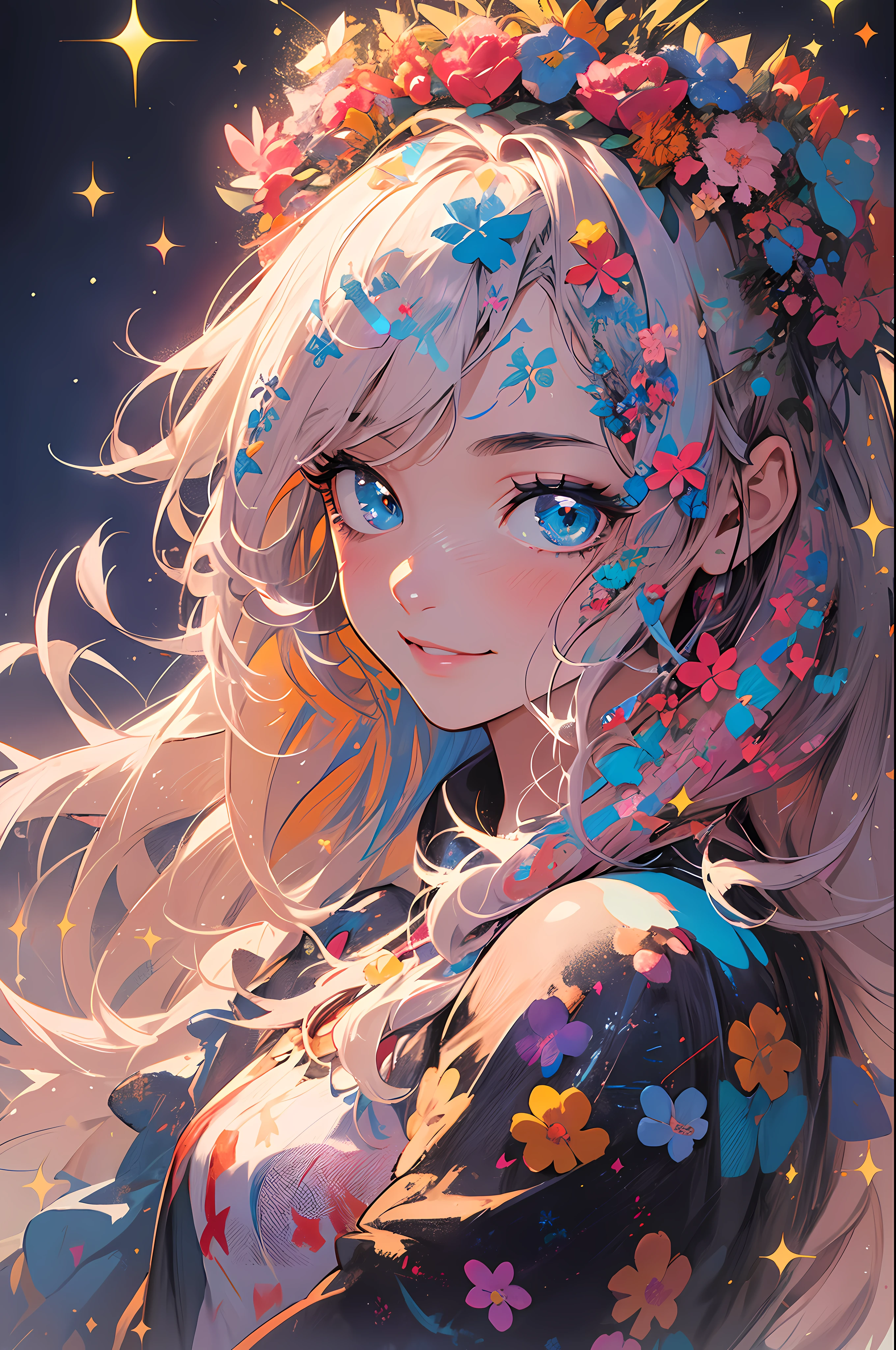 ((flowercrown)),Contemporary art created by tracing traces of colorful ink、masterpiece、ultra-detailliert、pop-art、innocent smiles、eye glass、(1 girl, Solo:1.6),(Cute smile), (Best Impact:1.5), (maximalism:1.7), Vivid contrast, (Realistic), hyperrealistic illustrations, hight resolution, ultra-detailliert, absurderes,(Fractal Art:1.3)、Random hairstyle、Random hair color colorful、FULL BODYSHOT、Retro、Precise focus、randome pose、cinema4d、Drama