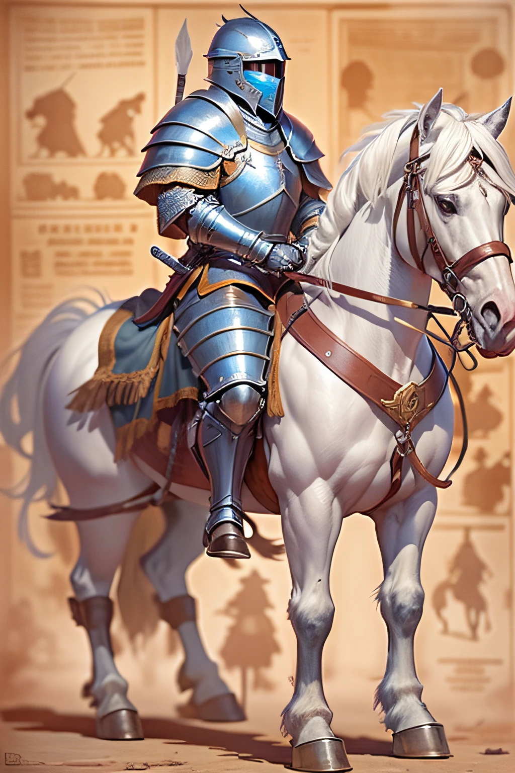 blueprint A brave knight in shining armor rides a noble steed into battle.
Items and gear listed on the side:
- Shining metal armor
- Helmet with red plume
- Sword and shield
- White horse with armor
