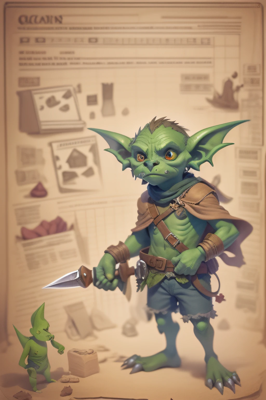 blueprint A goblin wields a sharp dagger and rummages for treasure in a dark cave. Items and gear listed on the side: - Tattered clothes - Pointy ears - Sharp dagger - Bag of loot