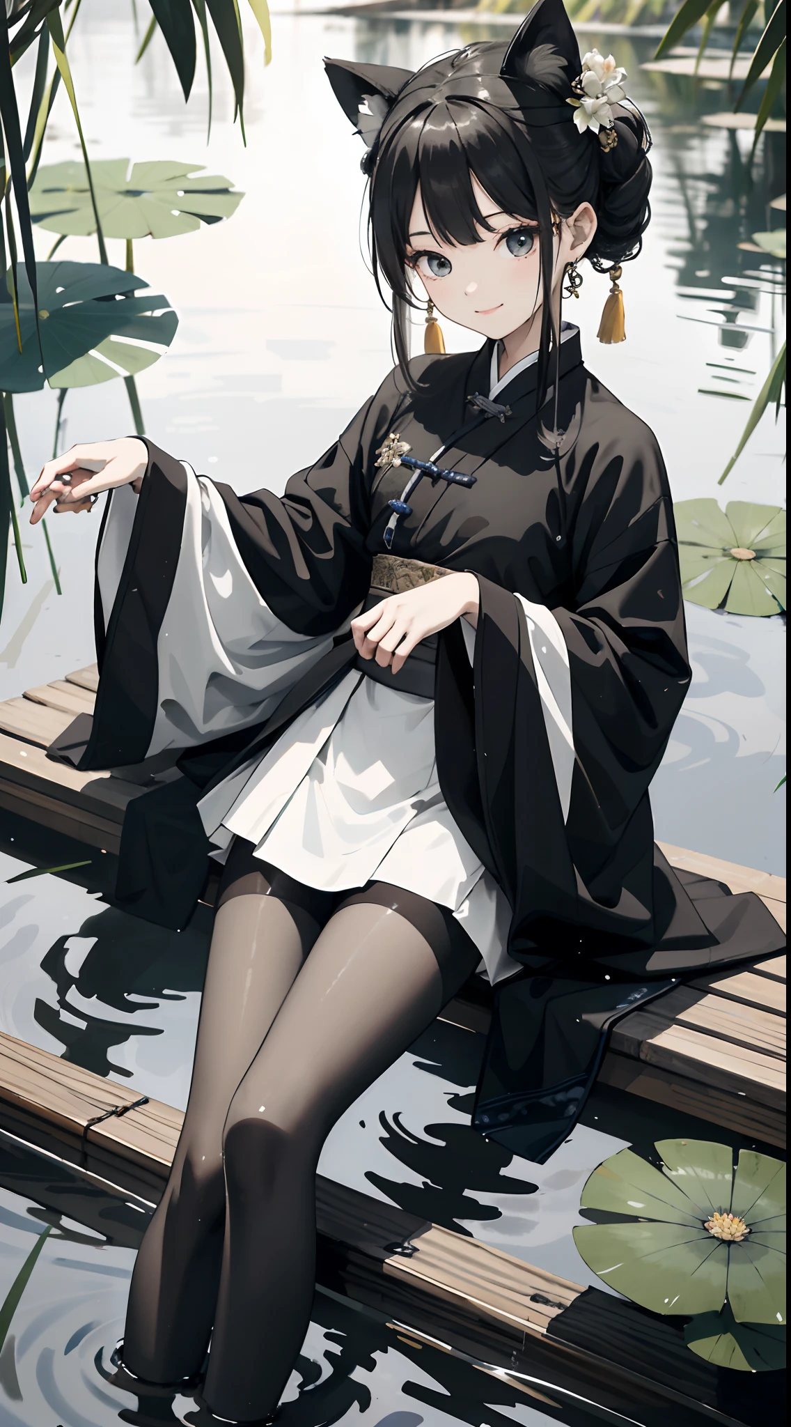 hoang lap,8K high resolution,ultra - detailed,(1girll:1.3),handpainted,Simple lines,-yeld giwearing black Chinese clothing,beuaty girl,In the lotus pond,tmasterpiece,Sit on a plank floating in the water,Floating hair,black pantyhoses,black pantyhoses,looking toward the viewer,ssmile,posed for photo,