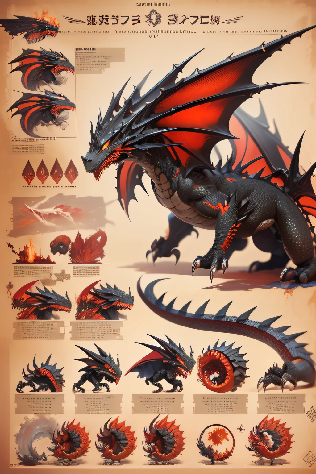 A fierce dragon with red and black scales breathes fire menacingly. It has enormous wings, sharp claws, and dangerous spikes on its tail. 

Items and gear listed on the side:
- Red and black colored scales
- Large leathery wings 
- Razor sharp claws
- Spiked tail 
- Sharp fangs
- Breaths fire