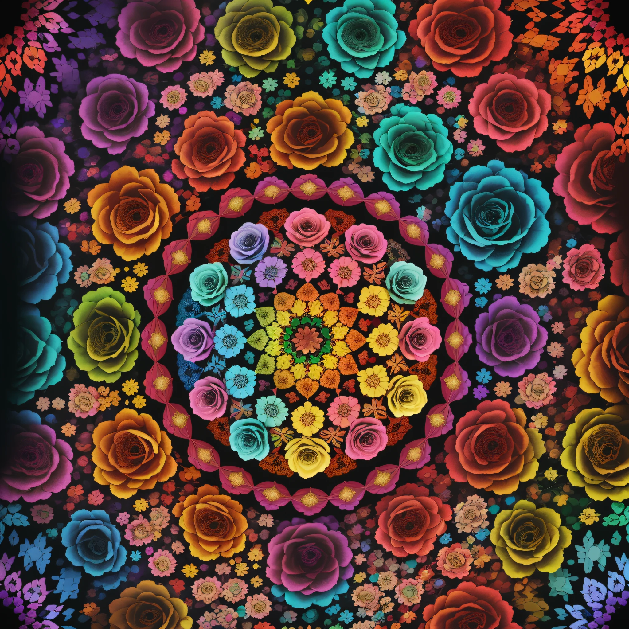 "Frame with vibrant multicolored roses observed through a kaleidoscope vision, with ever-changing patterns and colors – masterpiece in ultra-definition, of high resolution and unparalleled quality." --auto --s2