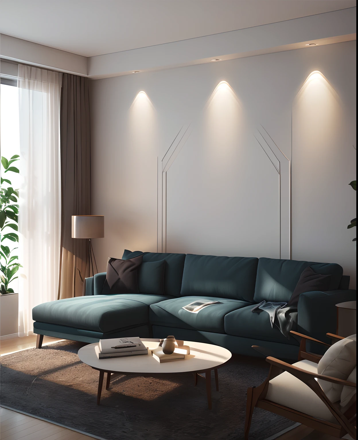 arafed living room with a couch, chair, Coffee table and window, rendered lighting, gentle ambient lighting, cinematic accent lighting, Bright ambient lighting, highly detailed soft lighting, well lit 3 d render, warm lighting interior, realistic soft lighting, indoor soft lighting, soft lighting 8 k resolution, soft lighting 8k resolution, Warm ambient lighting, Silent lighting